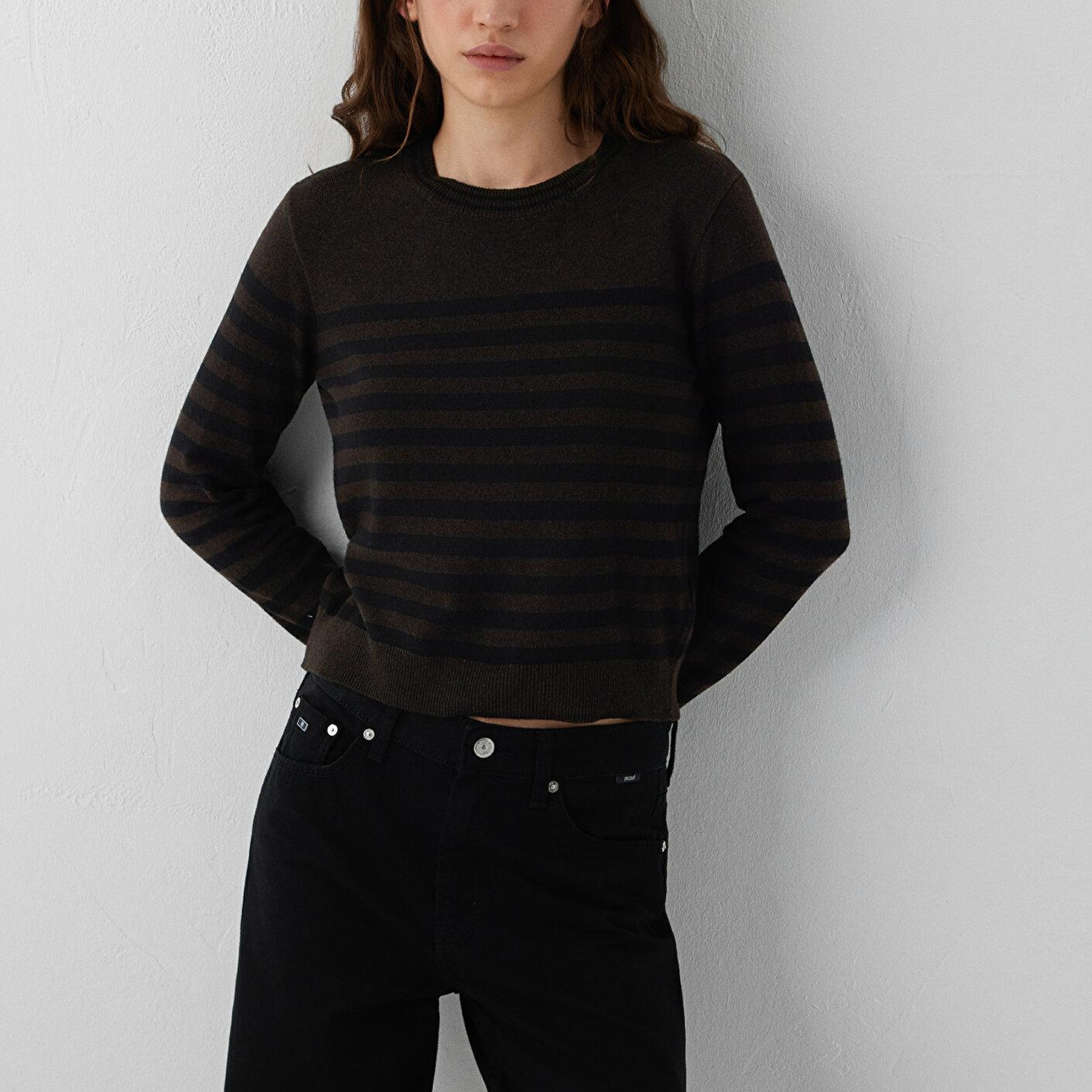 Mavi Yün Karışımlı Çizgili Kahverengi Triko Slim Fit / Dar Kesim 1720096-84517