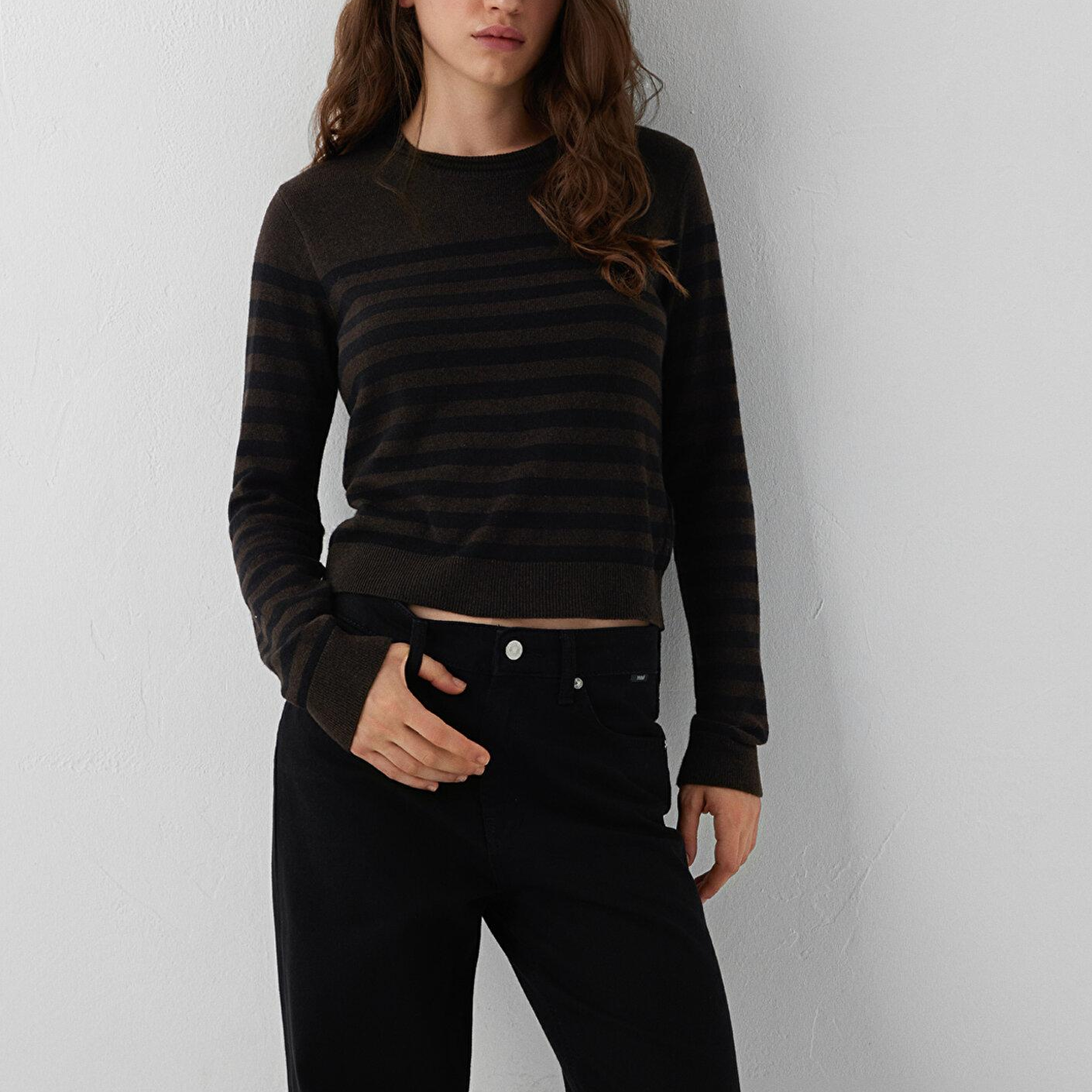 Mavi Yün Karışımlı Çizgili Kahverengi Triko Slim Fit / Dar Kesim 1720096-84517