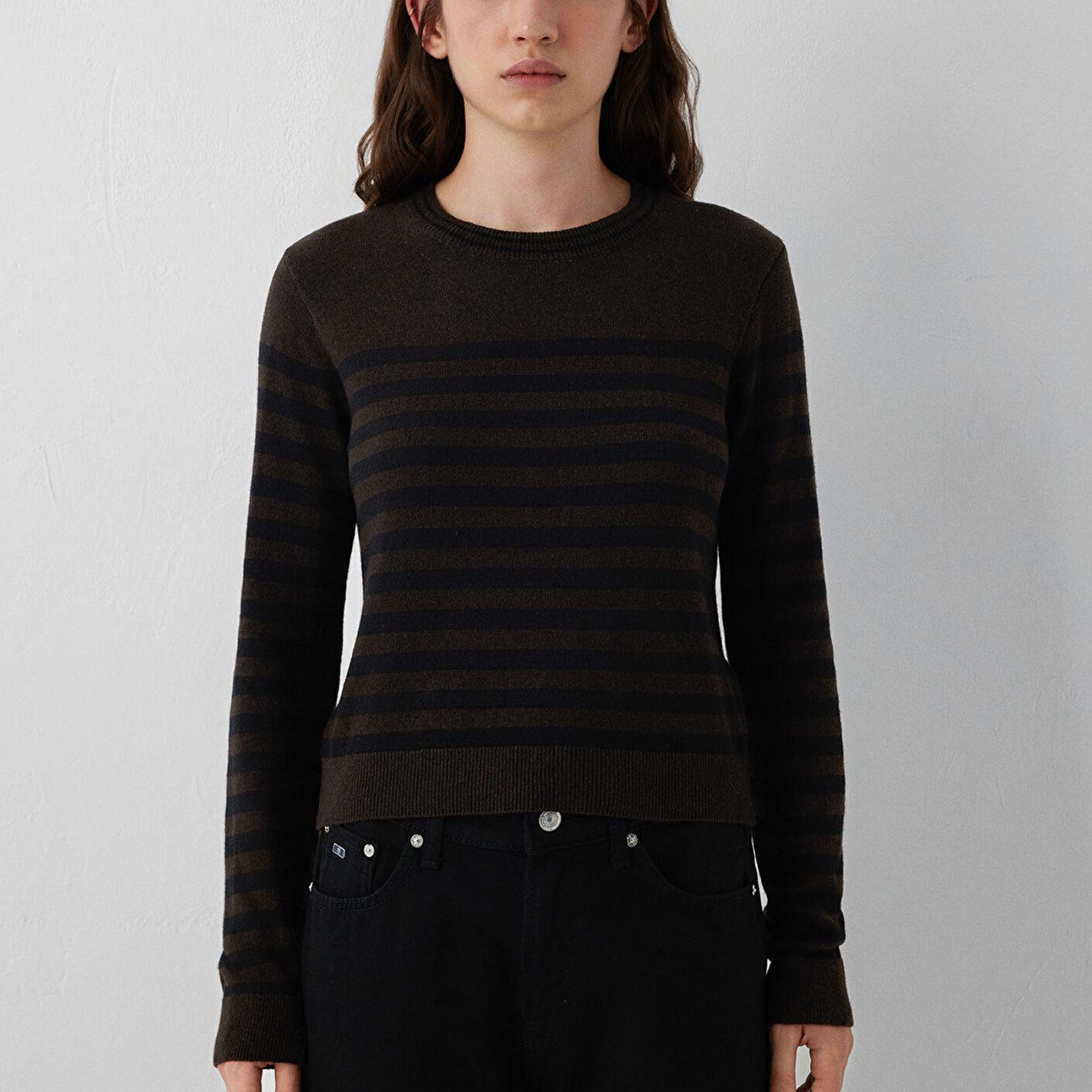 Mavi Yün Karışımlı Çizgili Kahverengi Triko Slim Fit / Dar Kesim 1720096-84517