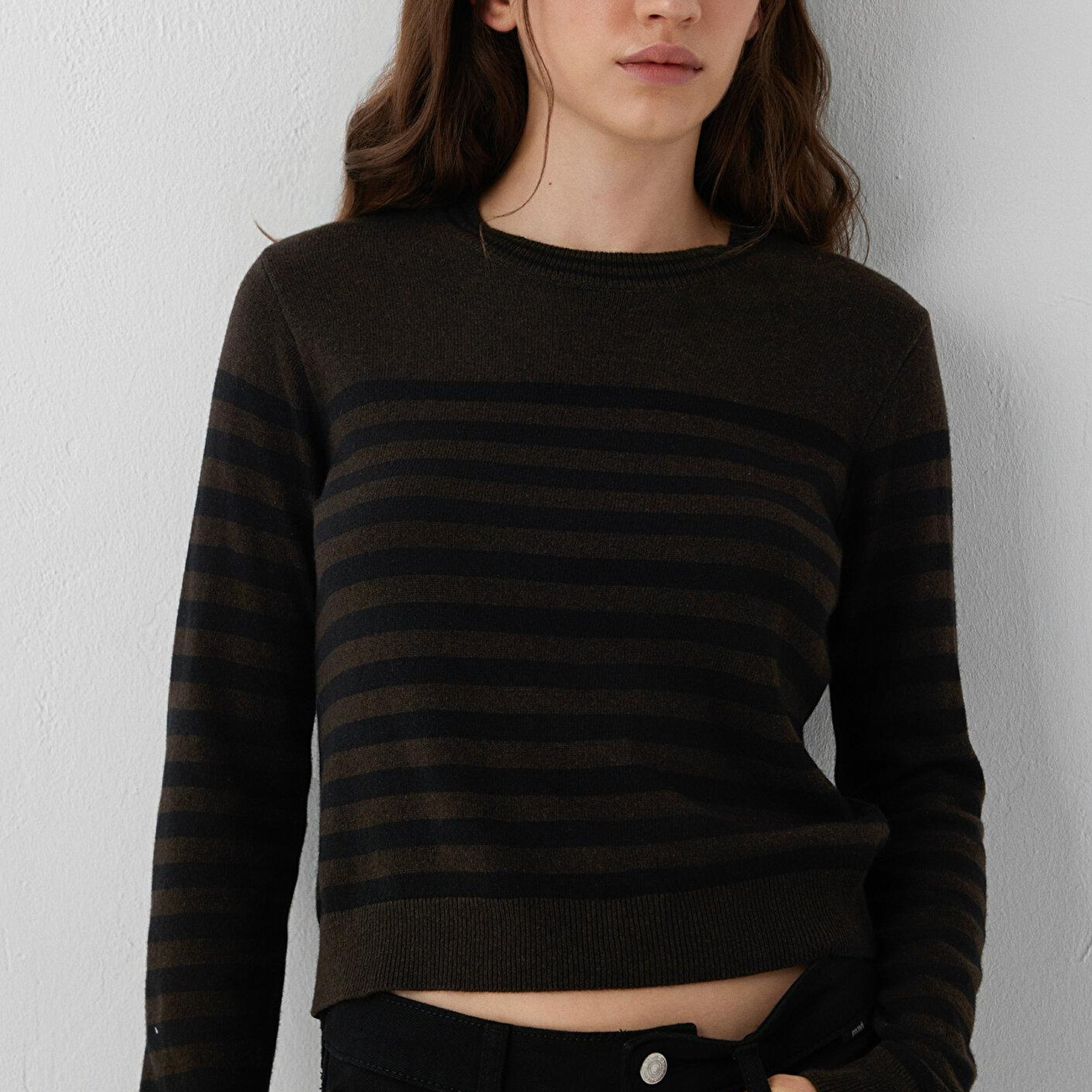 Mavi Yün Karışımlı Çizgili Kahverengi Triko Slim Fit / Dar Kesim 1720096-84517