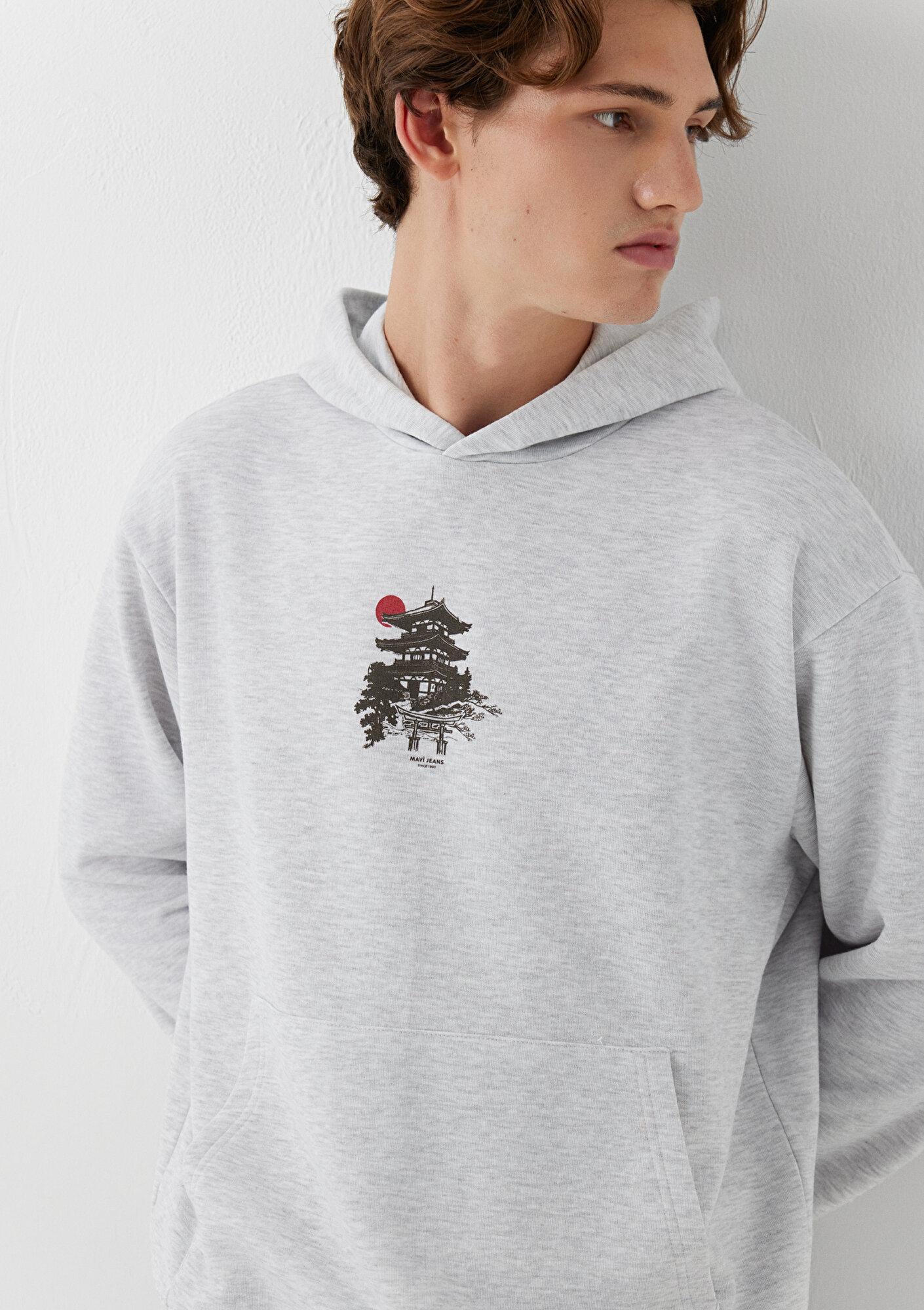 Mavi Japonya Temalı Kapüşonlu Gri Sweatshirt 0S20140-80196