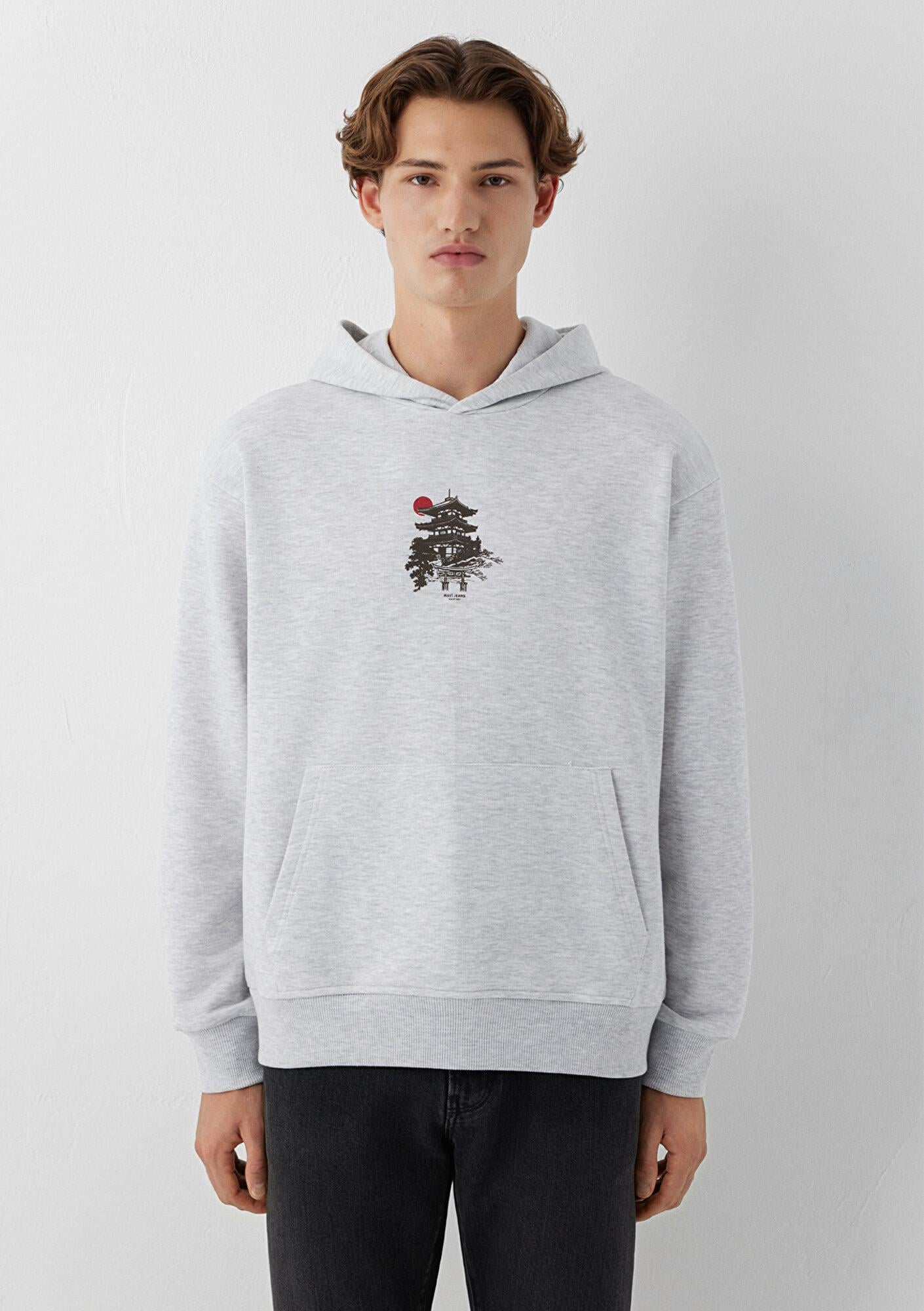 Mavi Japonya Temalı Kapüşonlu Gri Sweatshirt 0S20140-80196