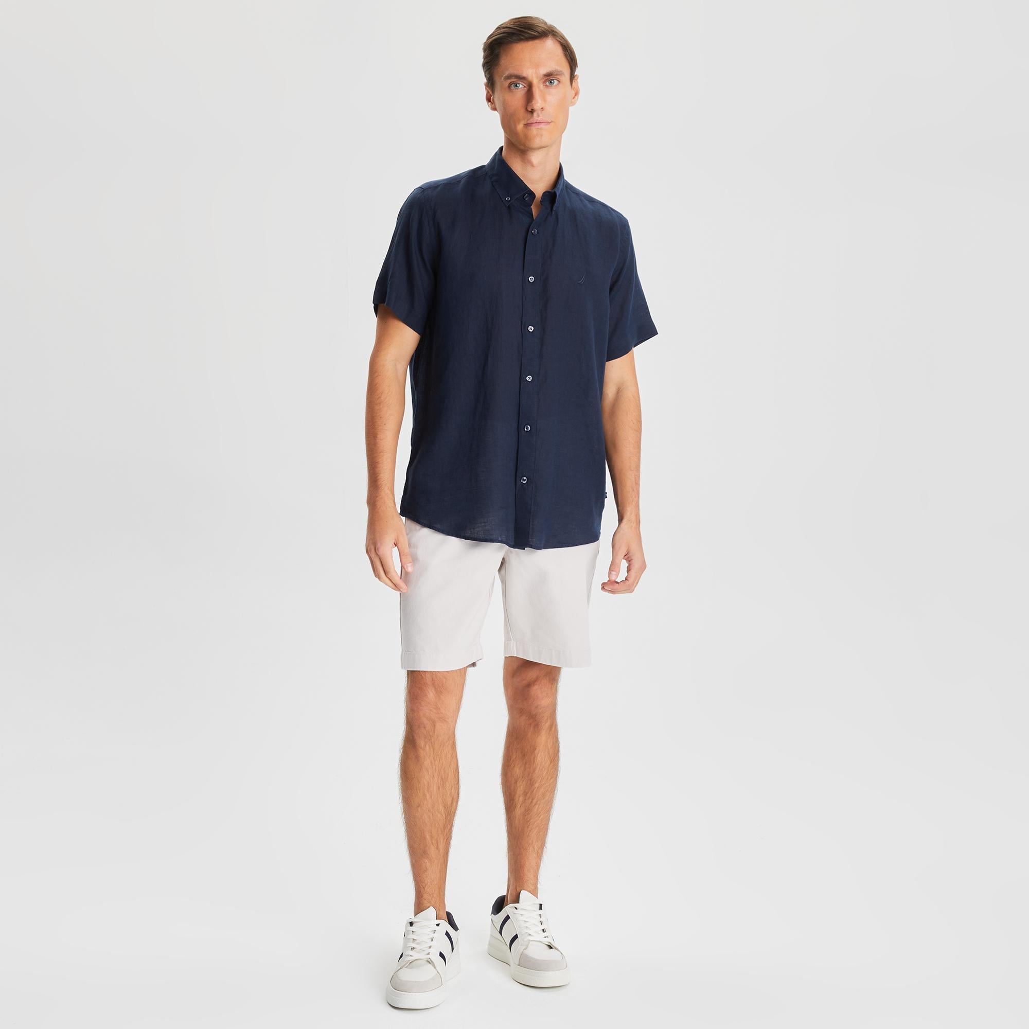Nautica Erkek Lacivert Classic Fit Kısa Kollu Keten Gömlek