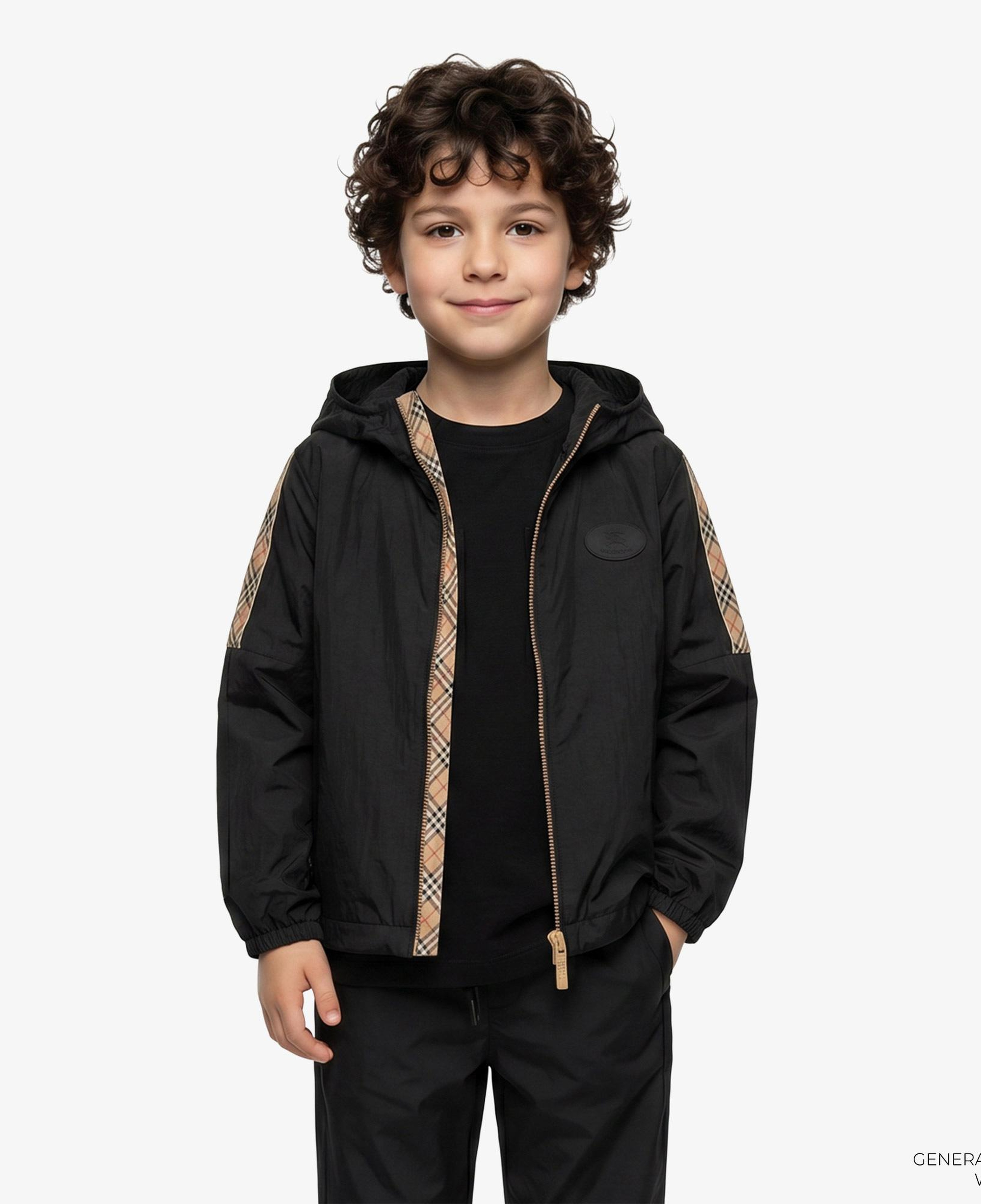Burberry Checker-Tape Nylon Hooded Çocuk Siyah Mont