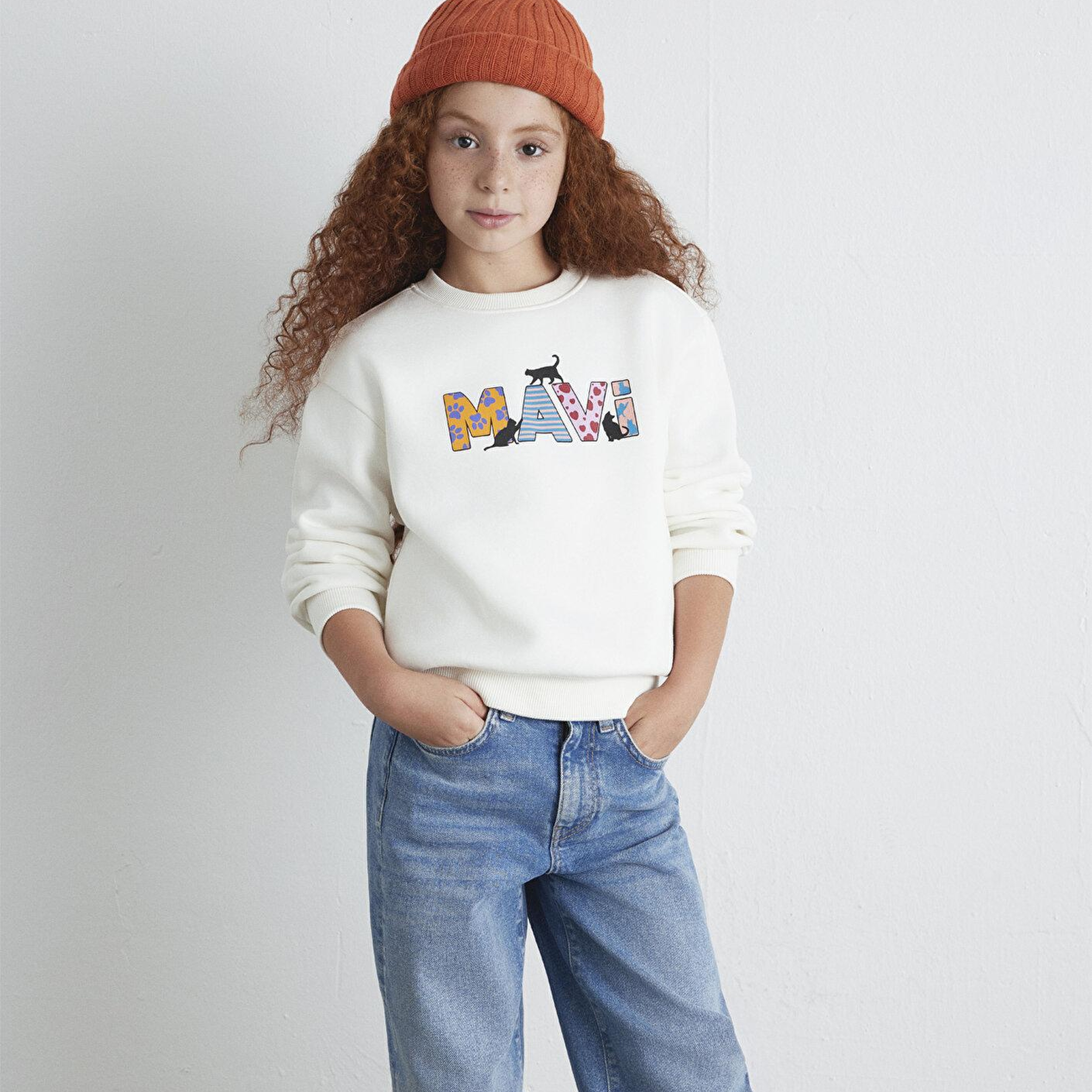 Mavi Mavi Logo Kedi Baskılı Ekru Sweatshirt 7S10169-70057
