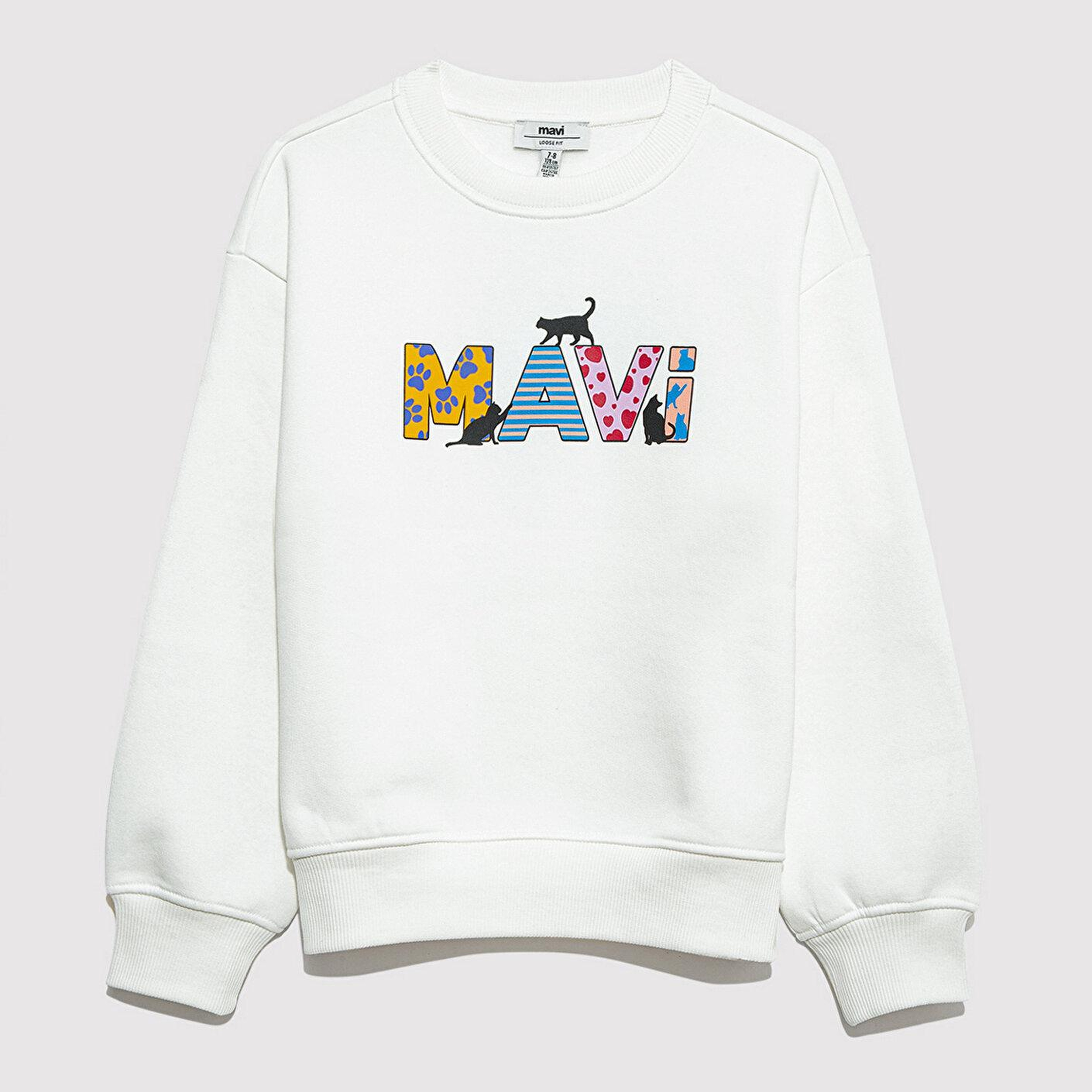 Mavi Mavi Logo Kedi Baskılı Ekru Sweatshirt 7S10169-70057