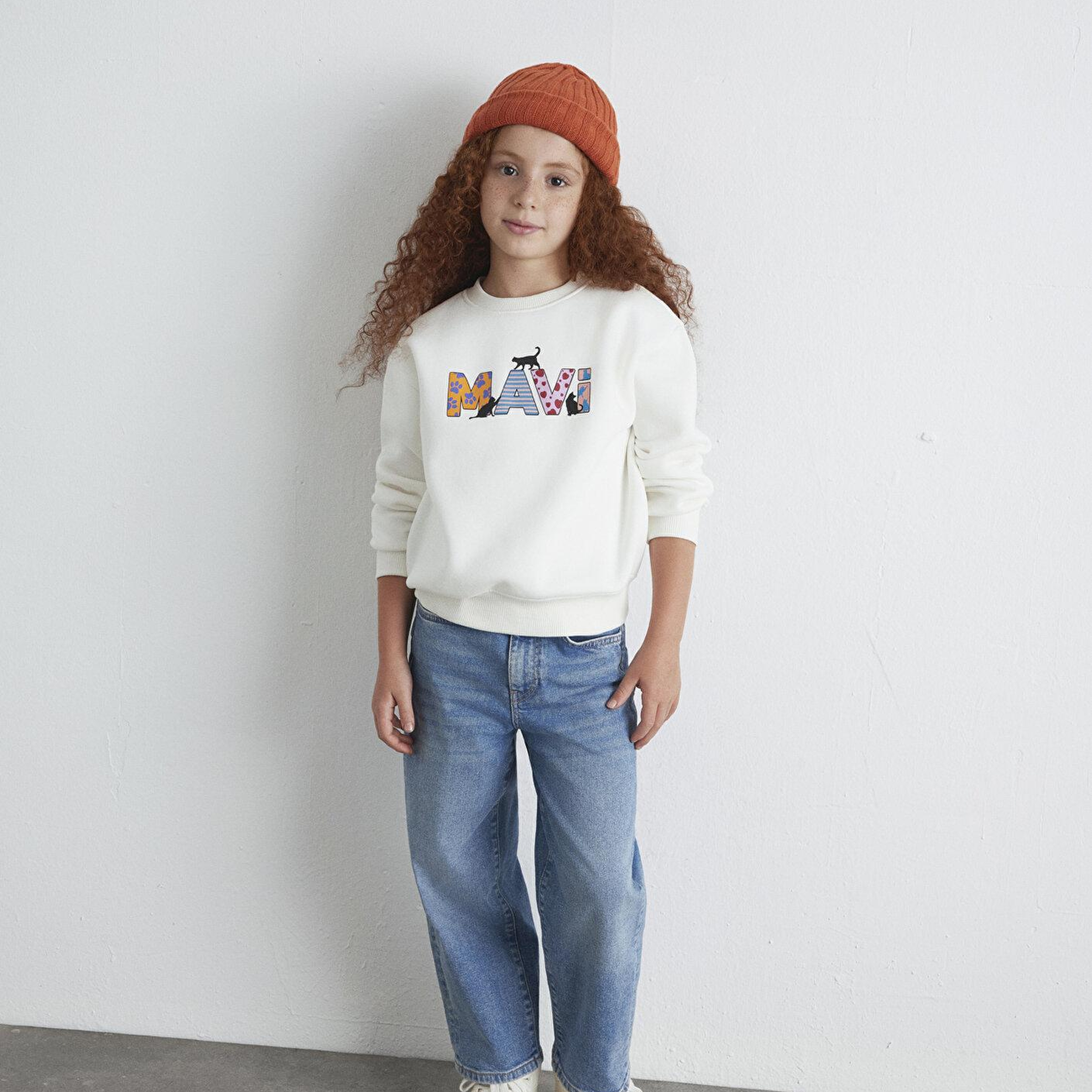 Mavi Mavi Logo Kedi Baskılı Ekru Sweatshirt 7S10169-70057