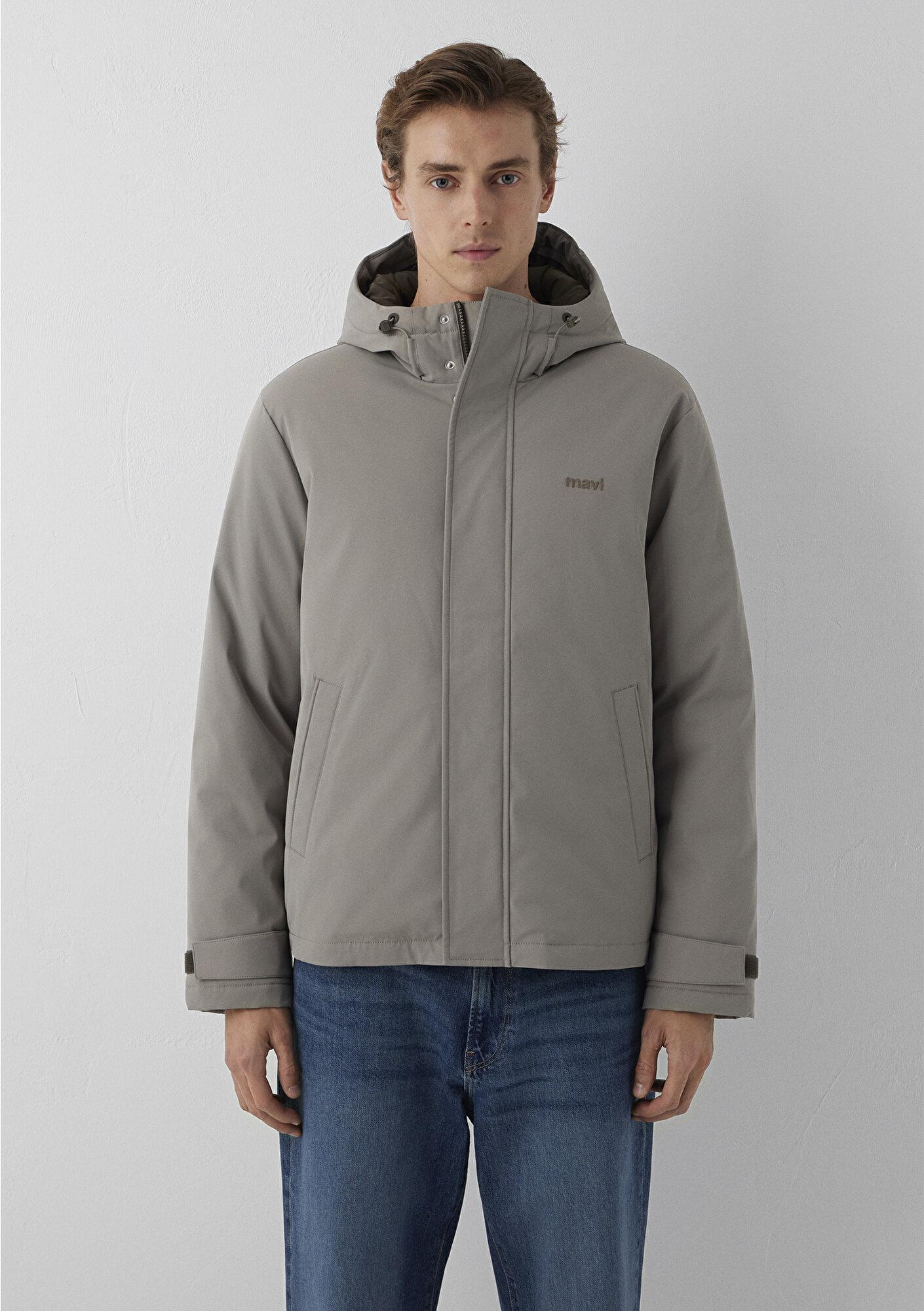 Mavi Kapüşonlu Gri Şişme Mont Loose Fit / Bol Rahat Kesim 0110833-70321