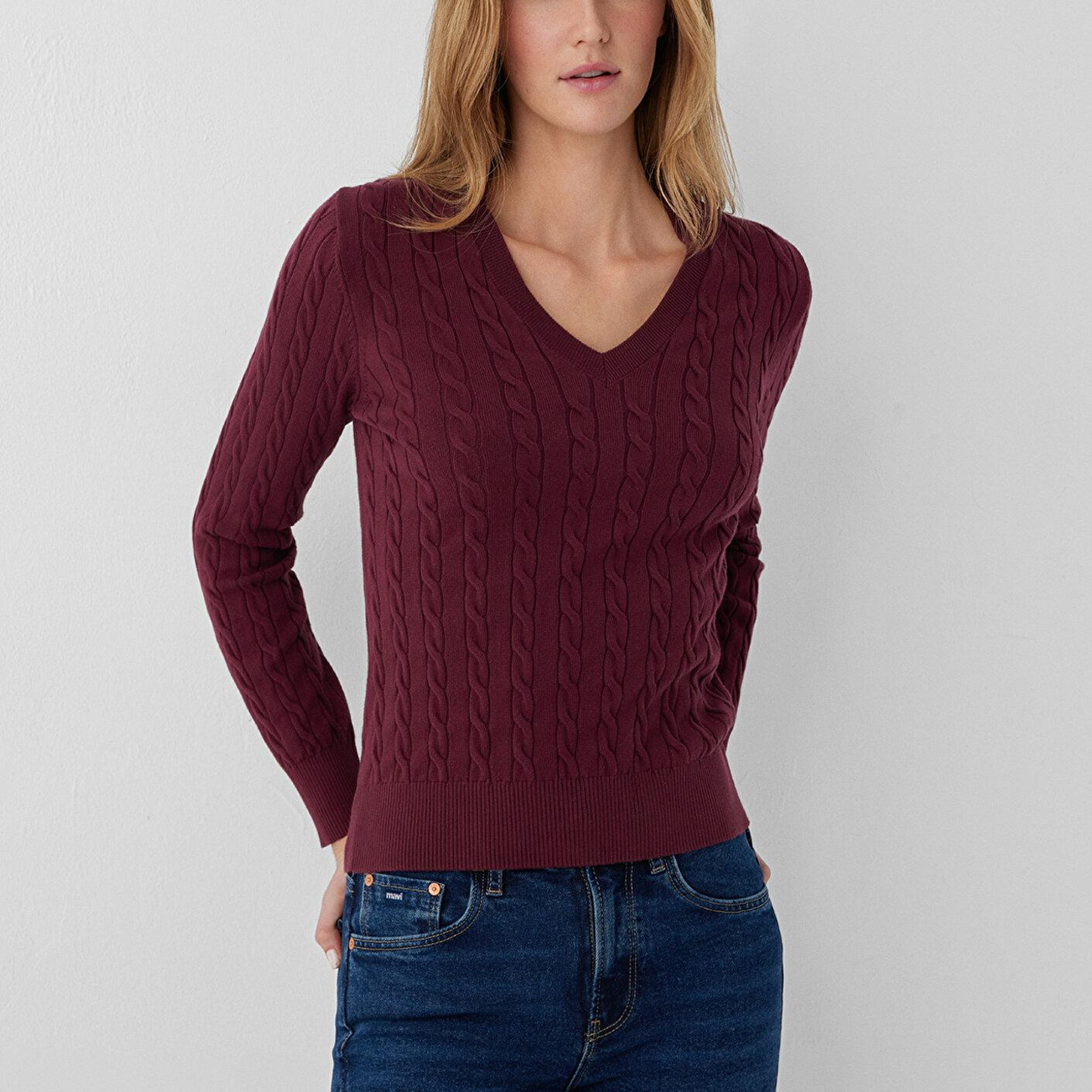 Mavi V Yaka Bordo Triko Slim Fit / Dar Kesim 1710911-87830