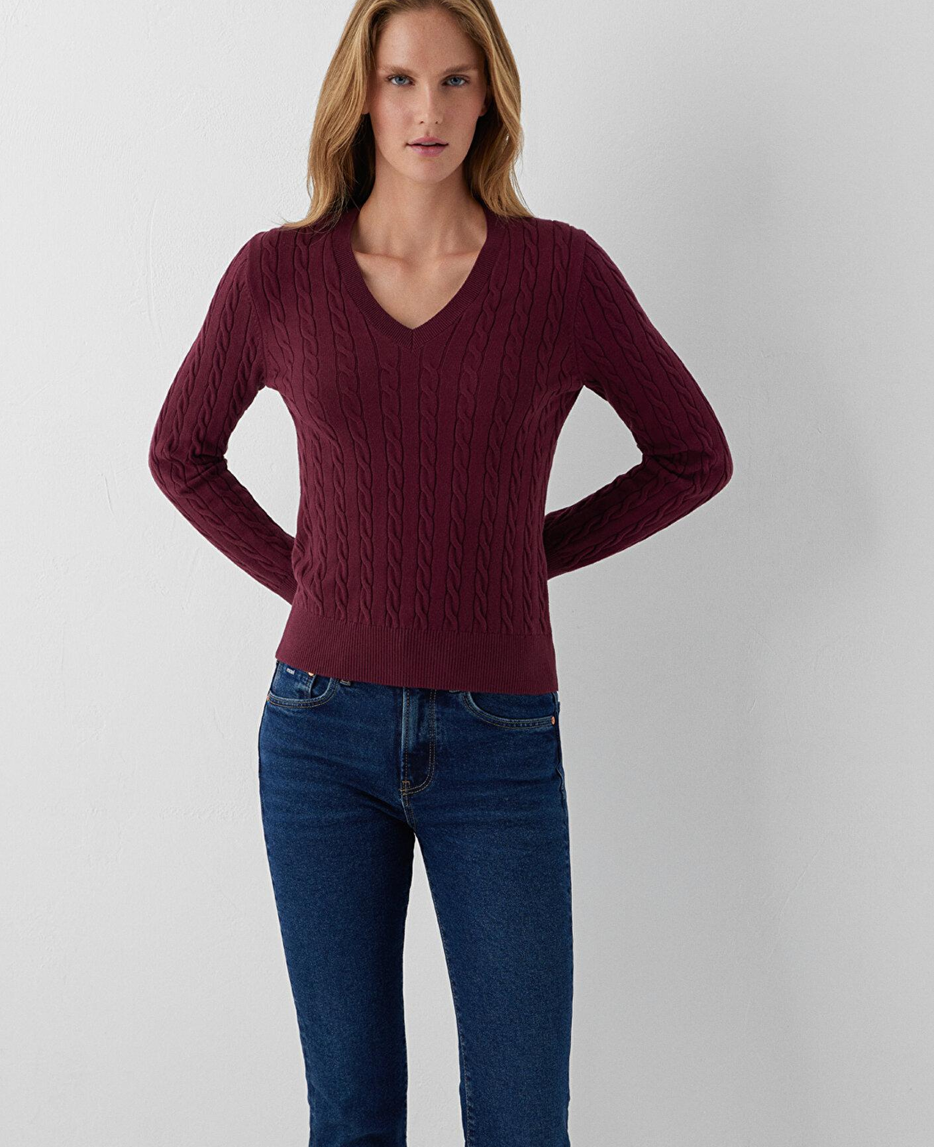 Mavi V Yaka Bordo Triko Slim Fit / Dar Kesim 1710911-87830