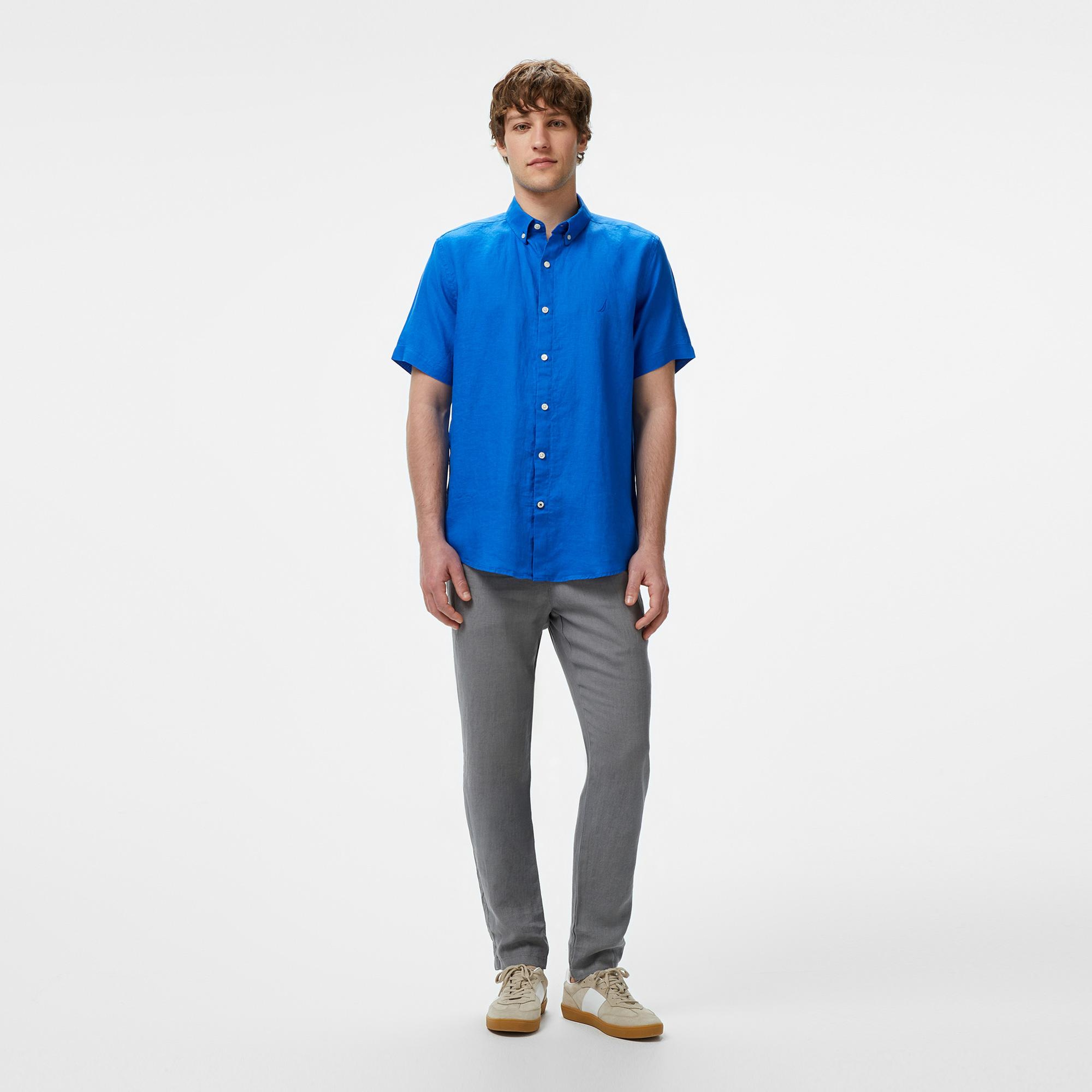 Nautica Erkek Mavi Classic Fit Keten Gömlek
