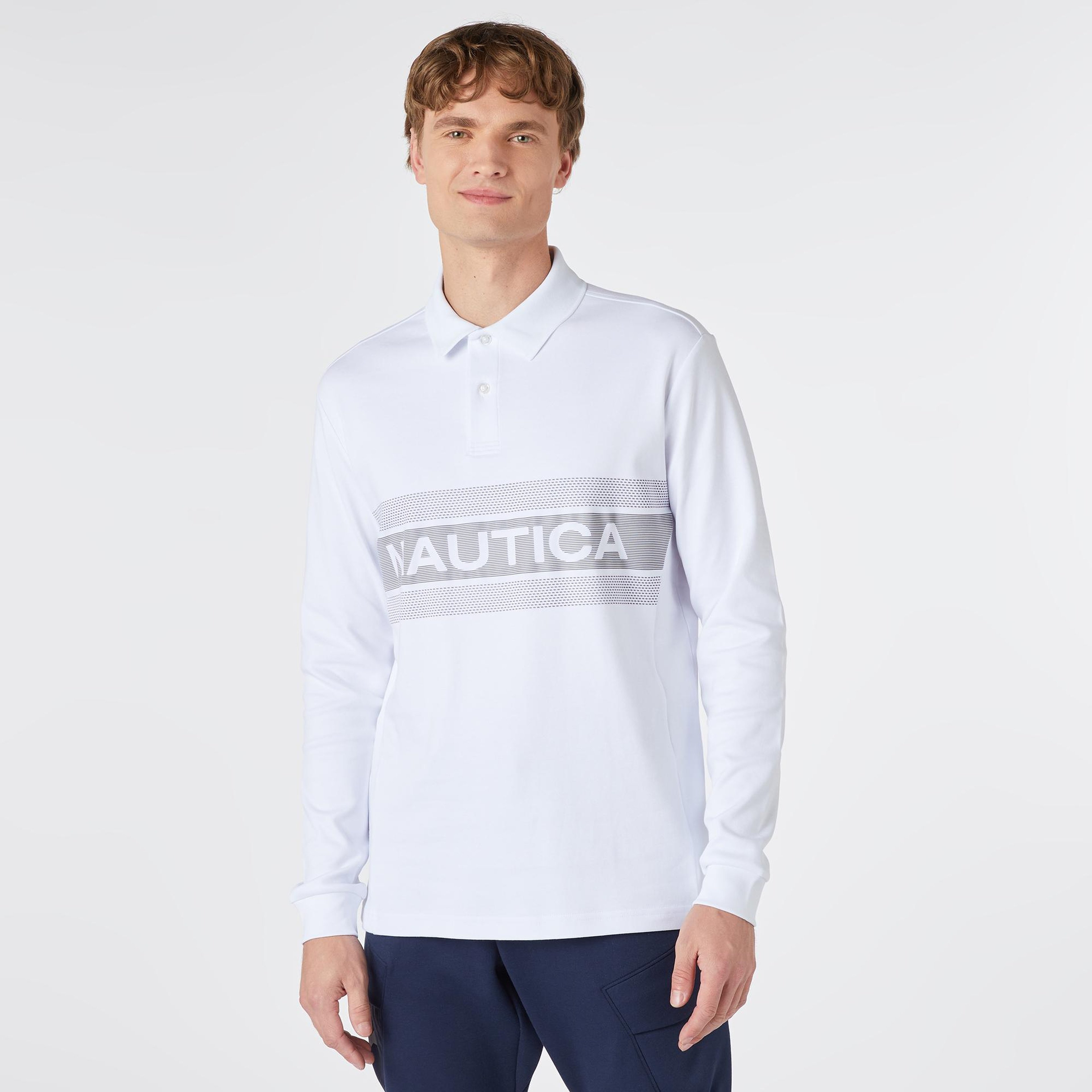Nautica Erkek Beyaz Slim Fit Uzun Kollu Baskılı Polo Yaka T-Shirt