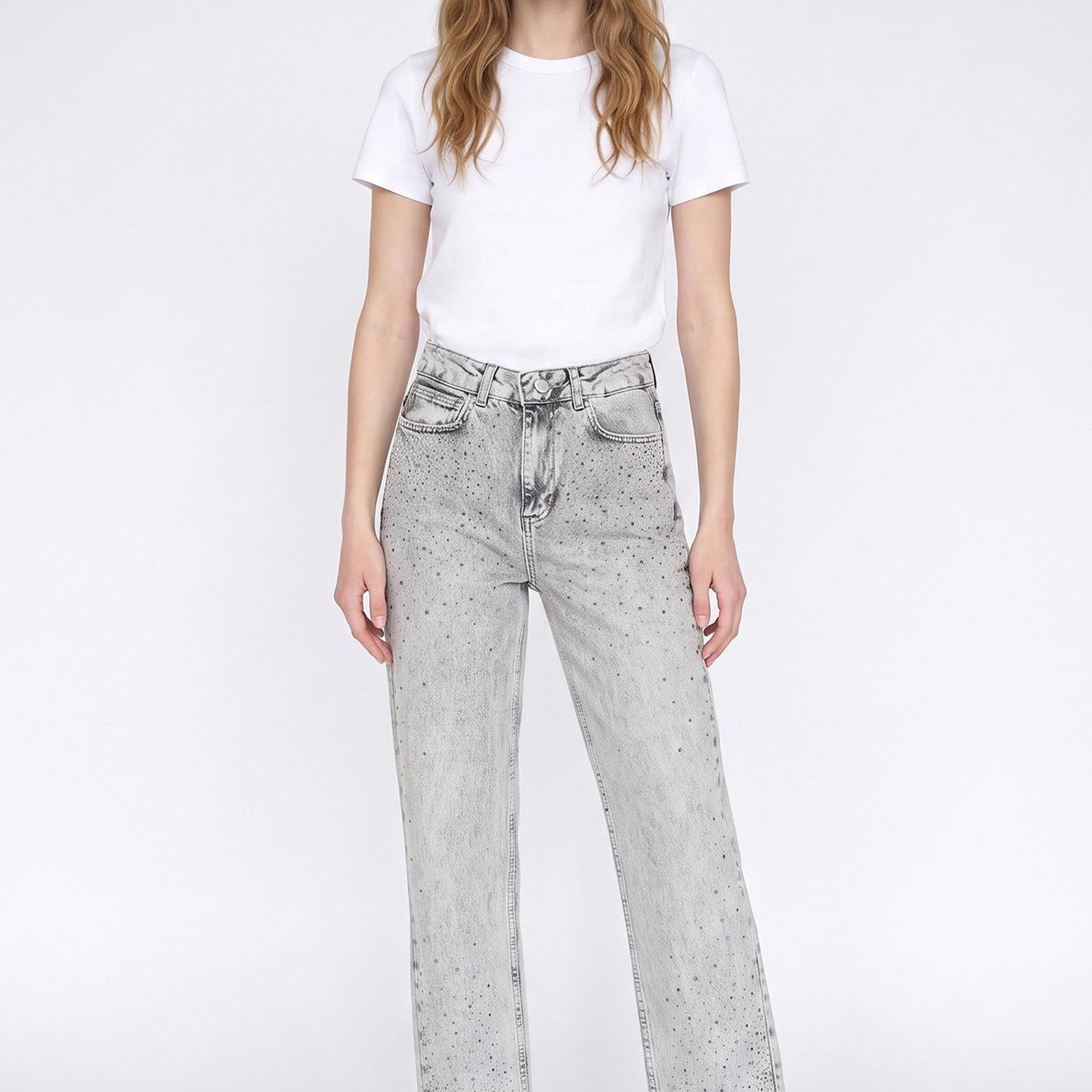 Network Kadın Açık Gri Kesik Paça Taş Baskılı Denim Pantolon