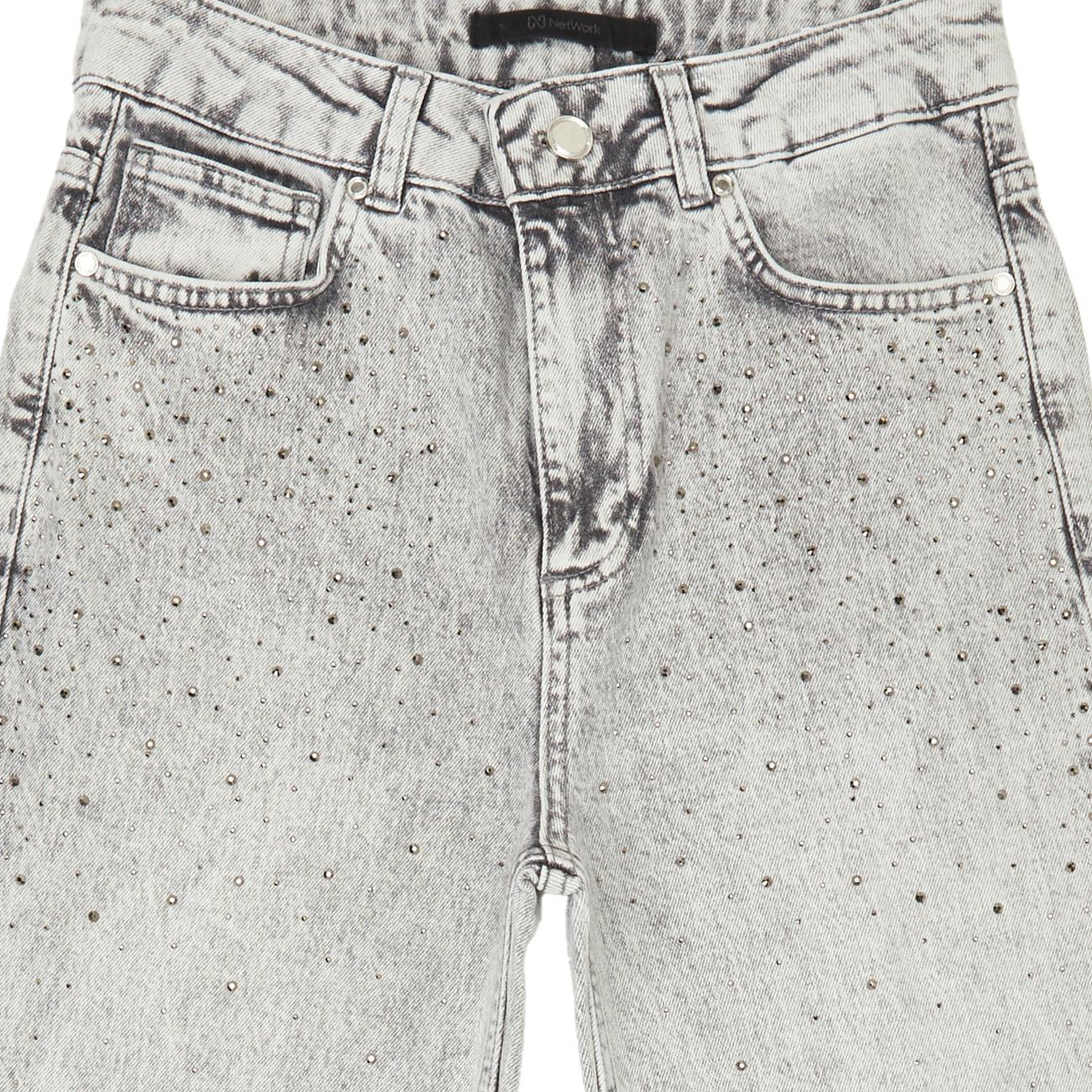 Network Kadın Açık Gri Kesik Paça Taş Baskılı Denim Pantolon