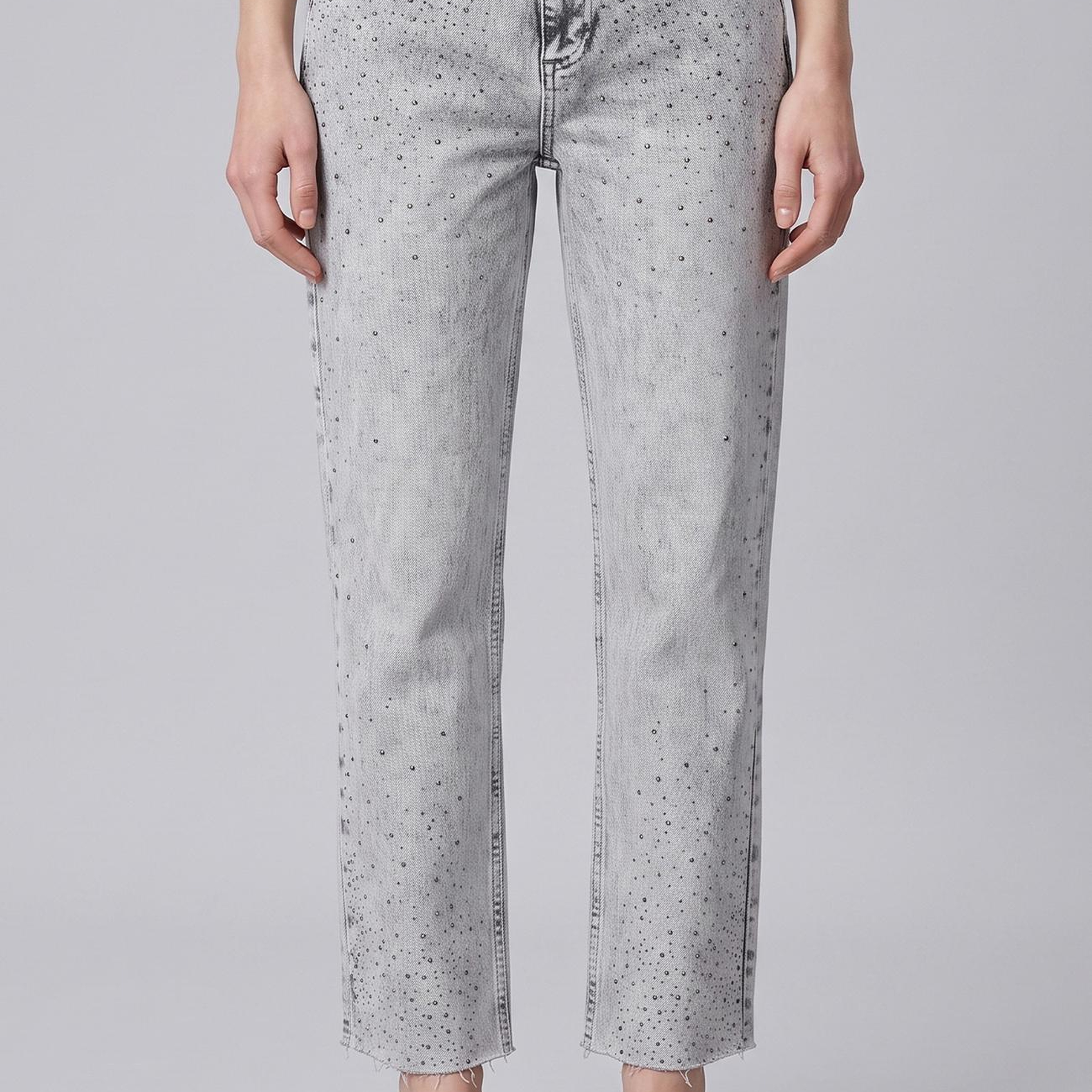 Network Kadın Açık Gri Kesik Paça Taş Baskılı Denim Pantolon
