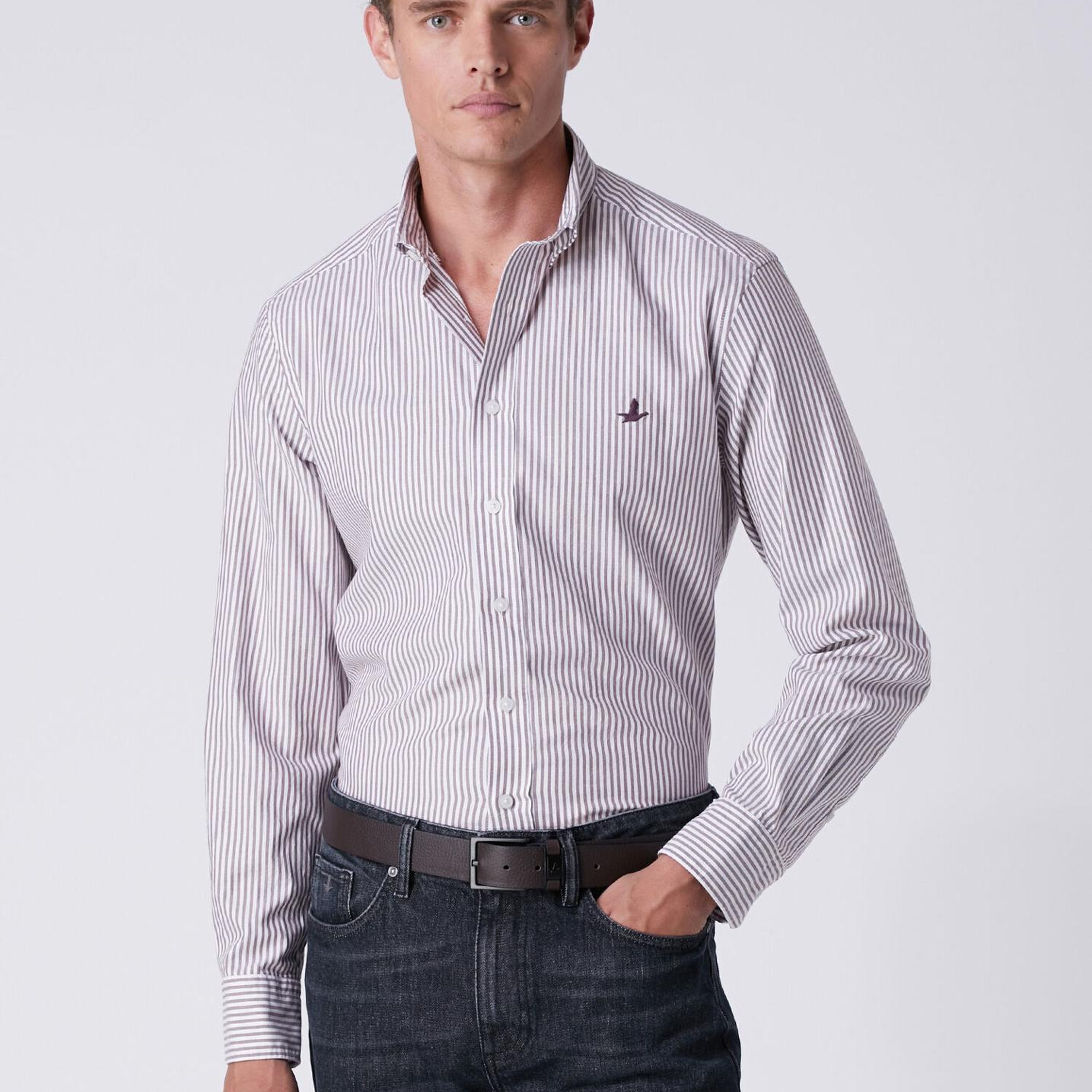 Beymen Club Erkek Comfort Fit Beyaz Bordo Çizgili Oxford Gömlek