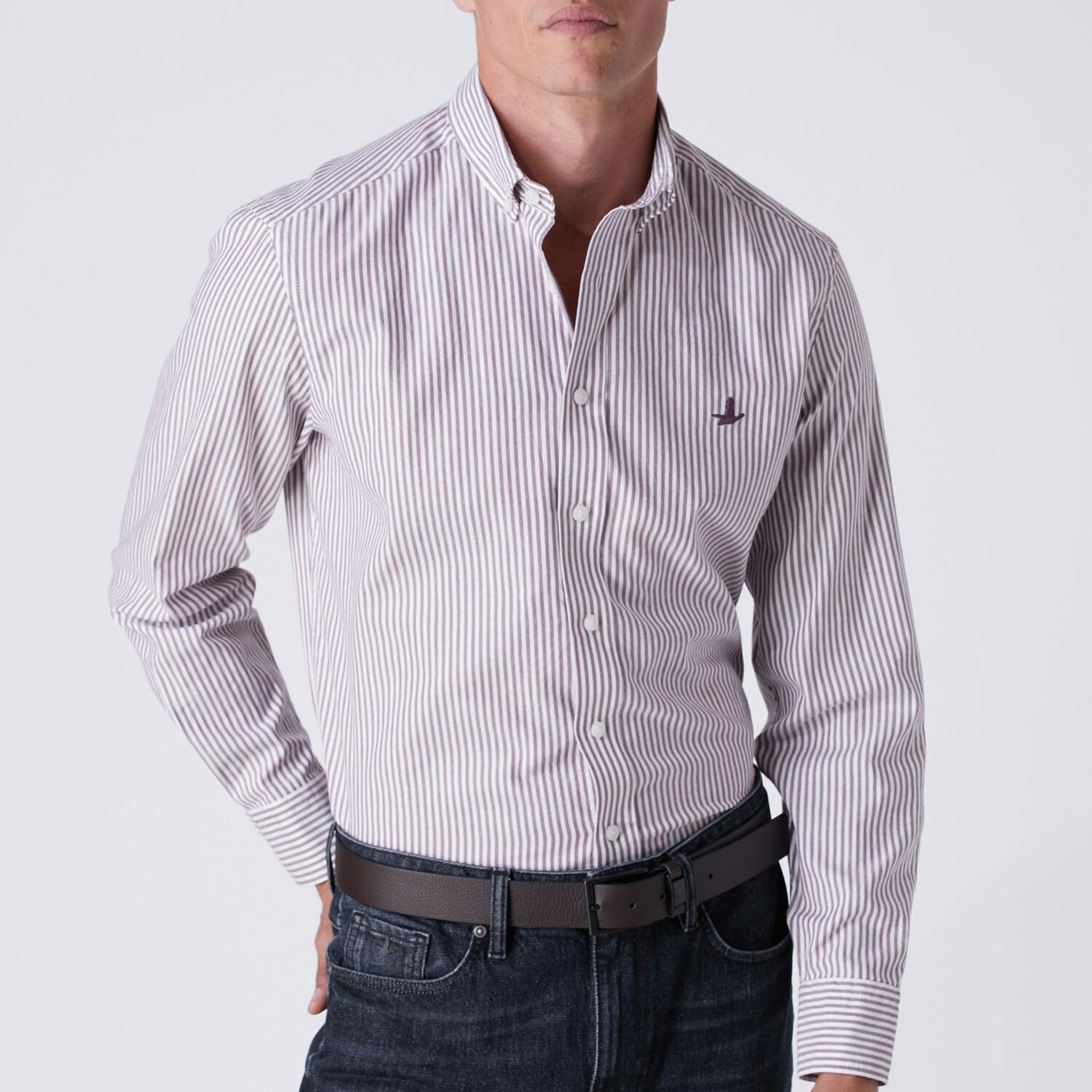 Beymen Club Erkek Comfort Fit Beyaz Bordo Çizgili Oxford Gömlek
