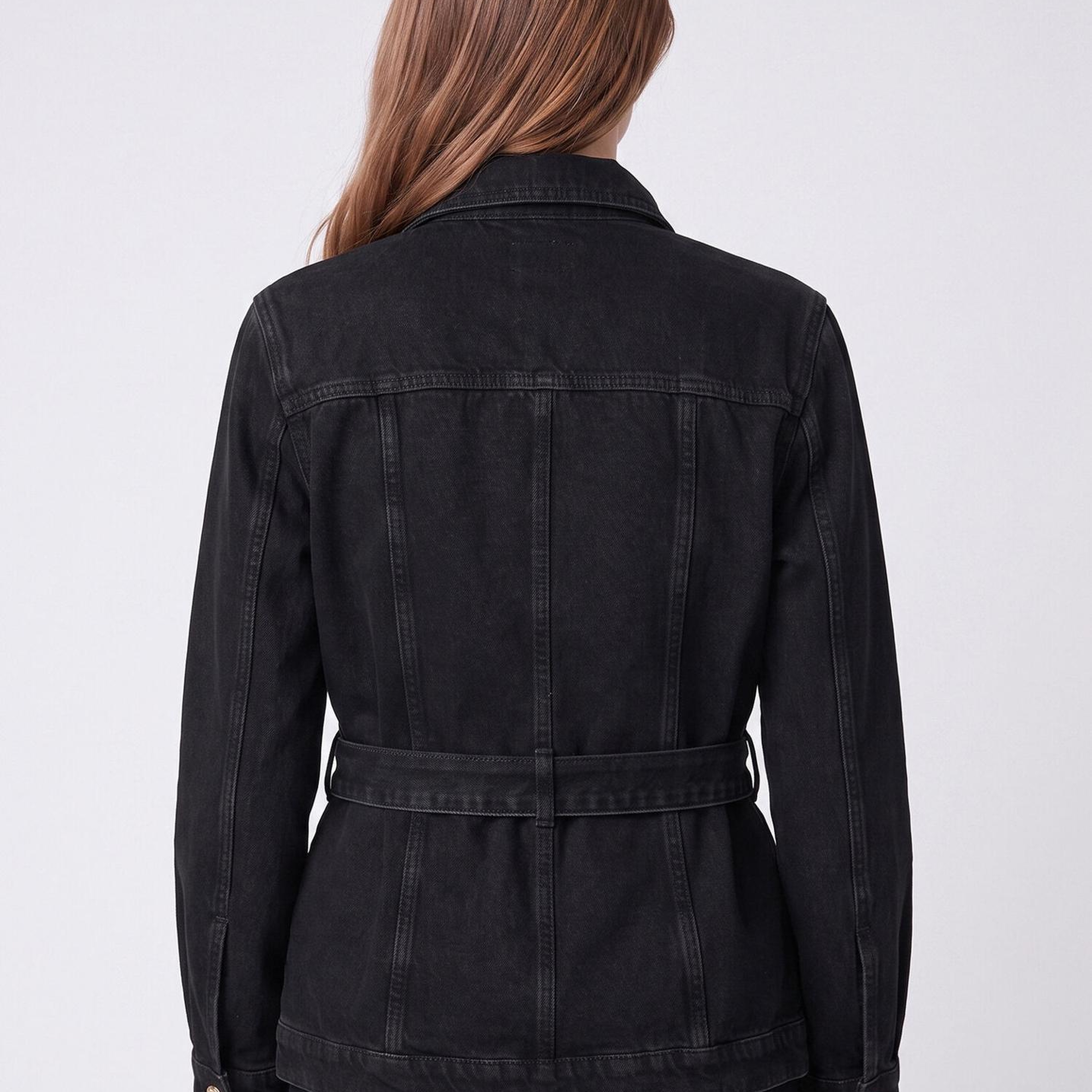 Beymen Club Kadın Siyah Beli Kuşaklı Uzun Trucker Jean Ceket