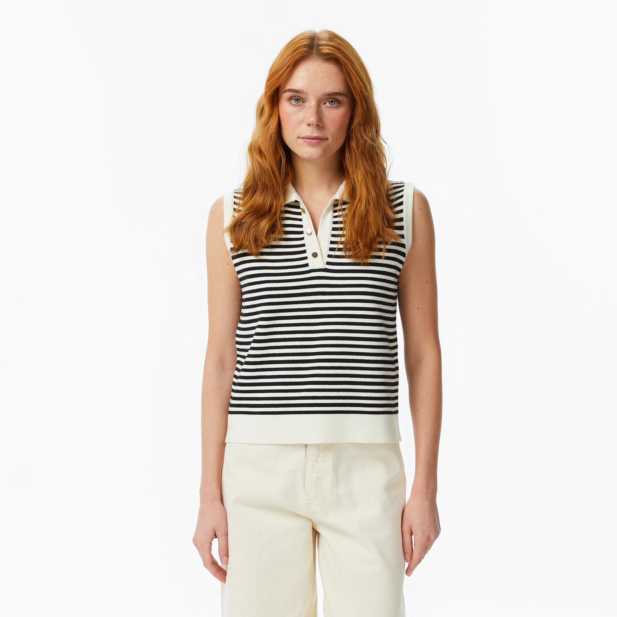 Nautica Kadın Krem Regular Fit Kolsuz Çizgili Polo Yaka T-Shirt
