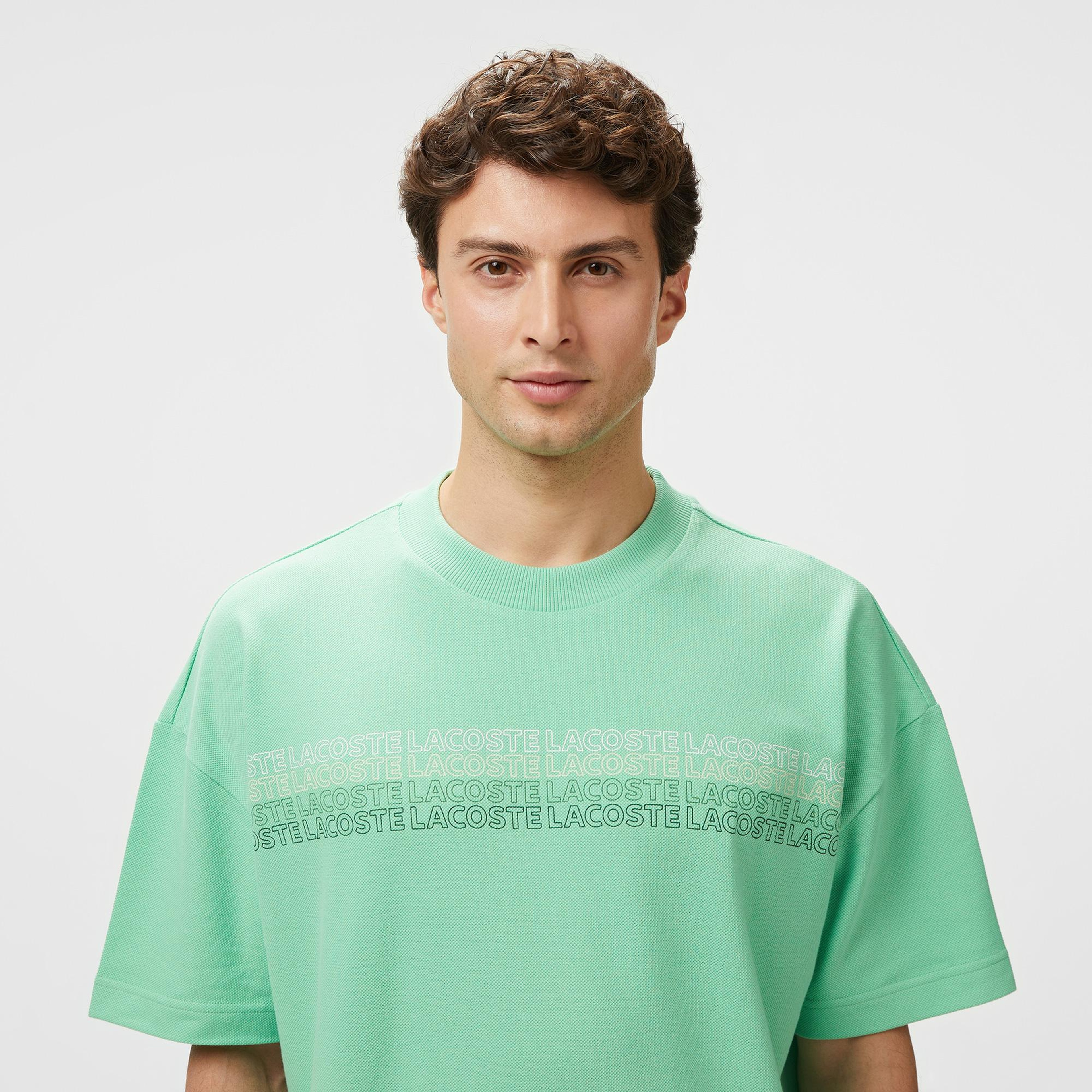 Erkek Oversize Fit Bisiklet Yaka Baskılı Açık Yeşil T-Shirt
