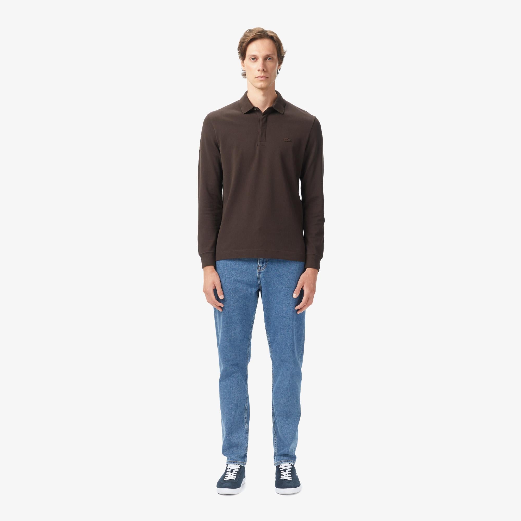 Erkek Regular Fit Uzun Kollu Kahverengi Paris Polo
