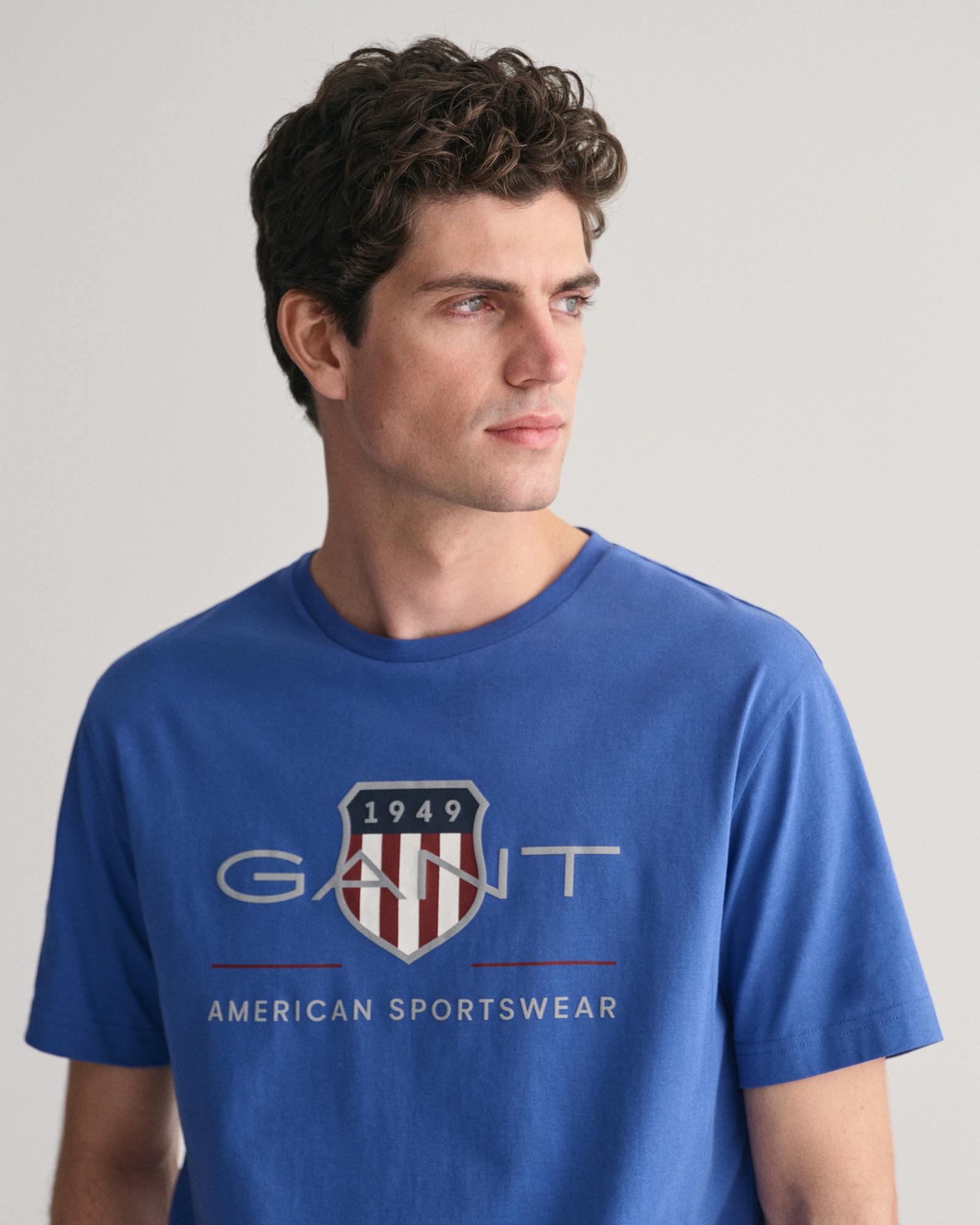 GANT Erkek Mavi Regular Fit Bisiklet Yaka Logolu T-Shirt