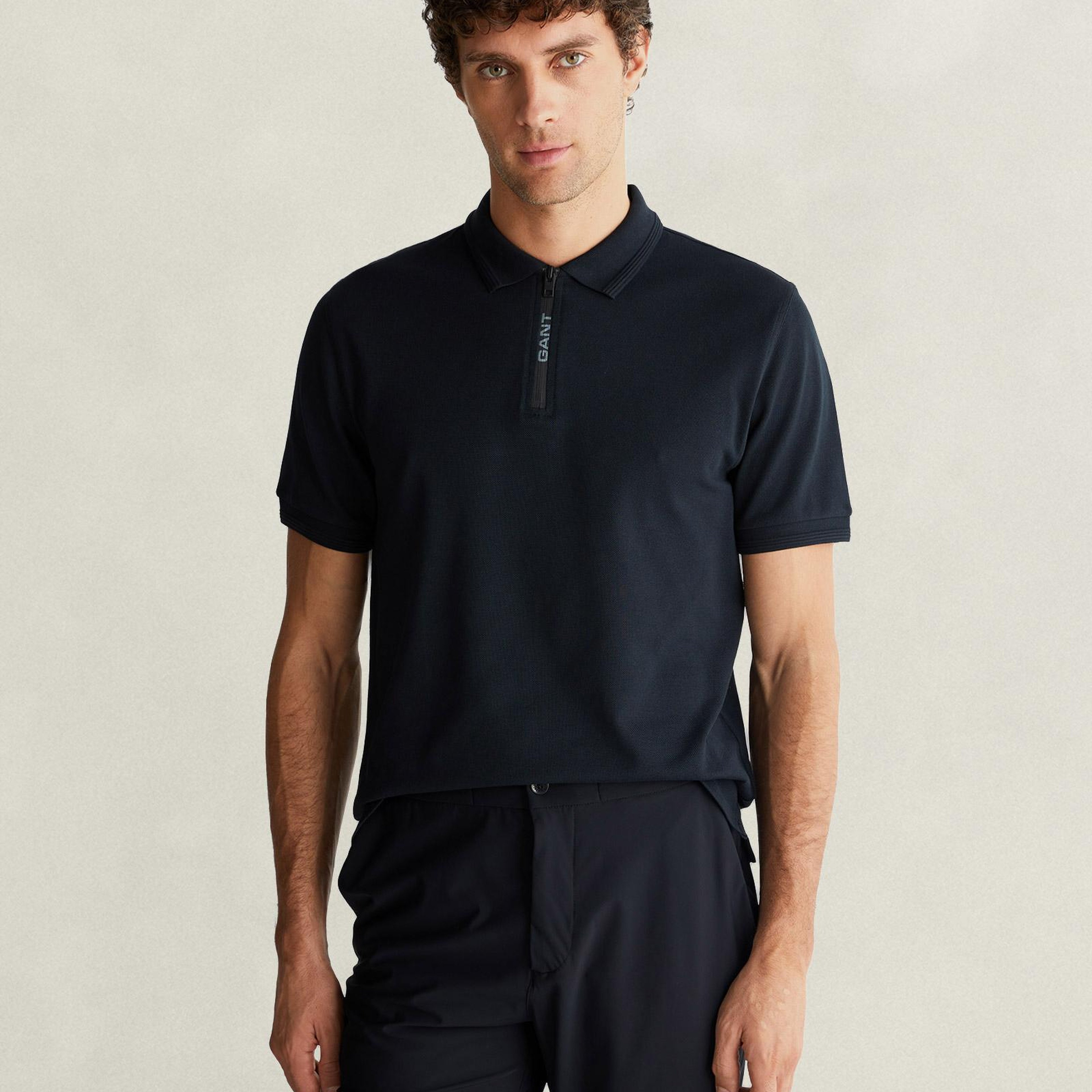 GANT Erkek Siyah Regular Fit Yarım Fermuarlı Polo Yaka T-Shirt