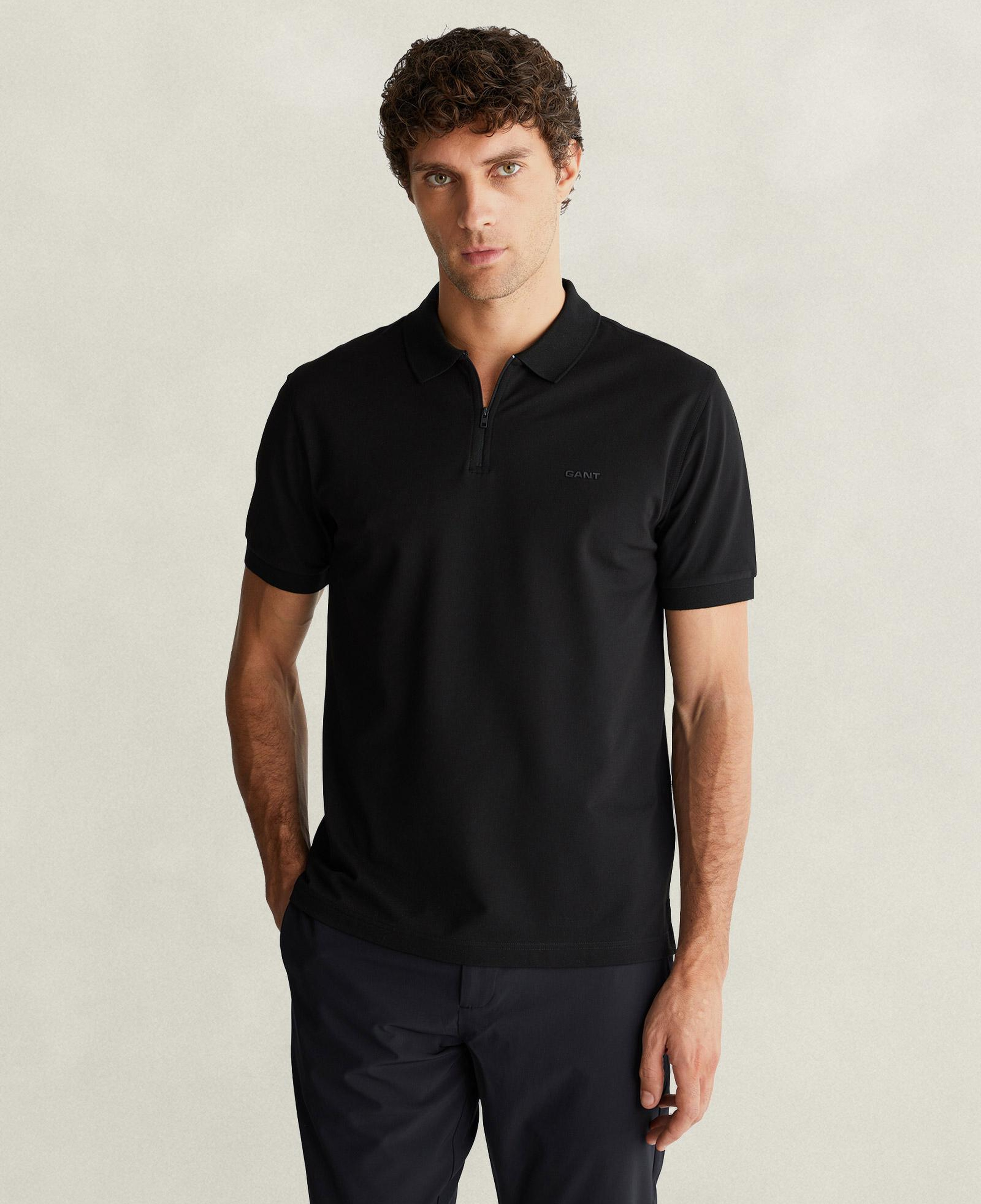 GANT Erkek Siyah Regular Fit Yarım Fermuarlı Polo Yaka T-Shirt