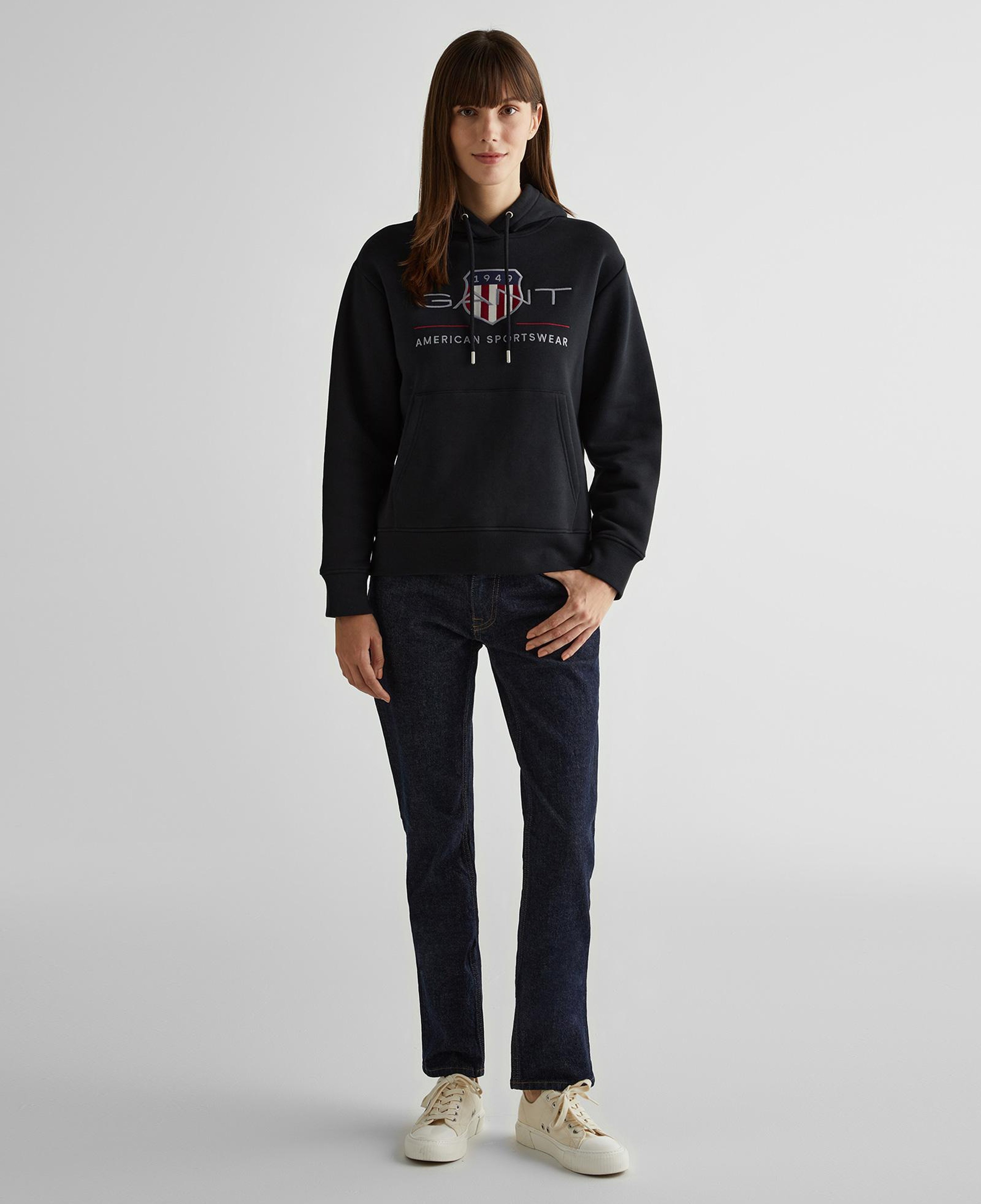 GANT Kadın Siyah Relaxed Fit Kapüşonlu Logolu Sweatshirt