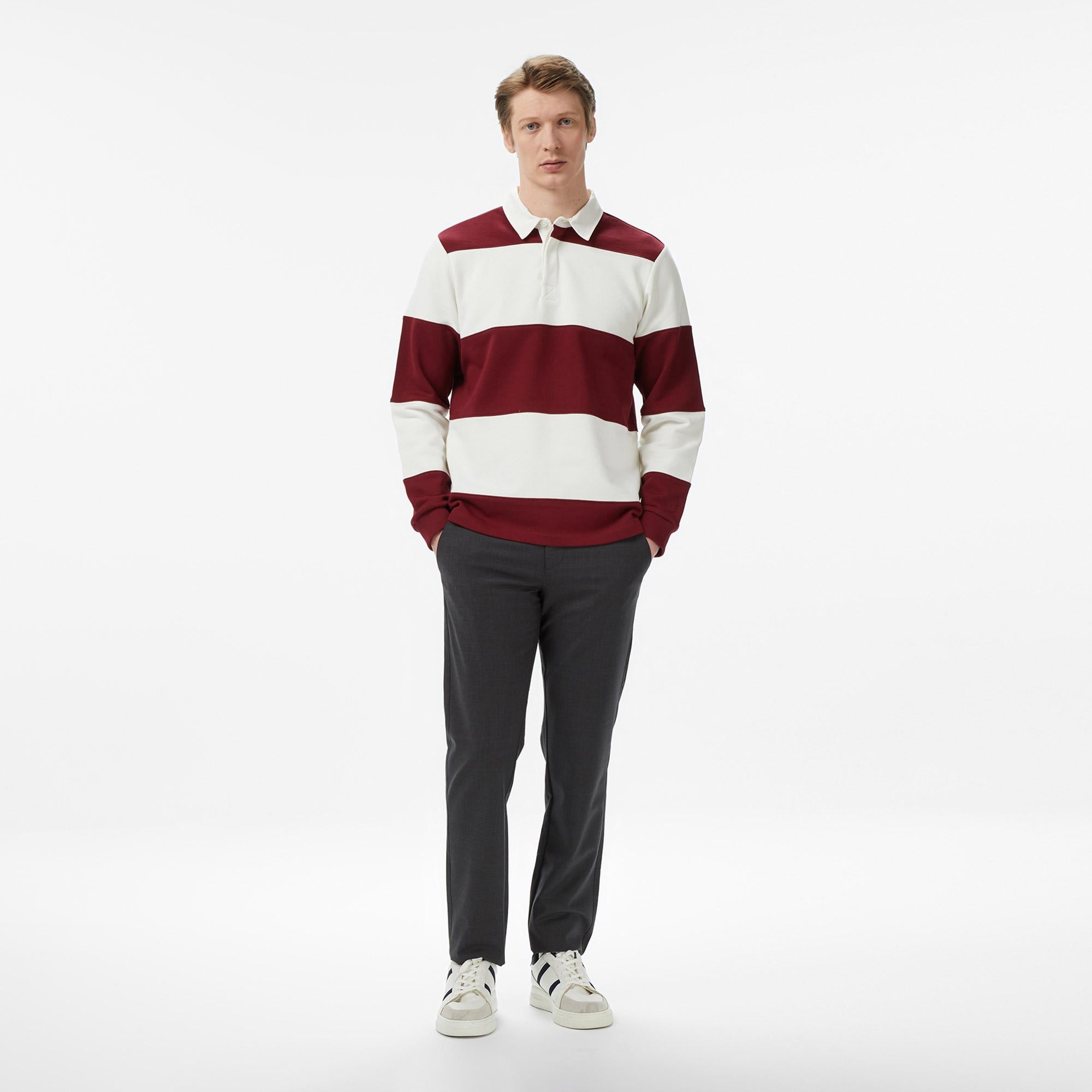 Nautica Erkek Bordo Regular Fit Uzun Kollu Çizgili Polo Yaka T-Shirt