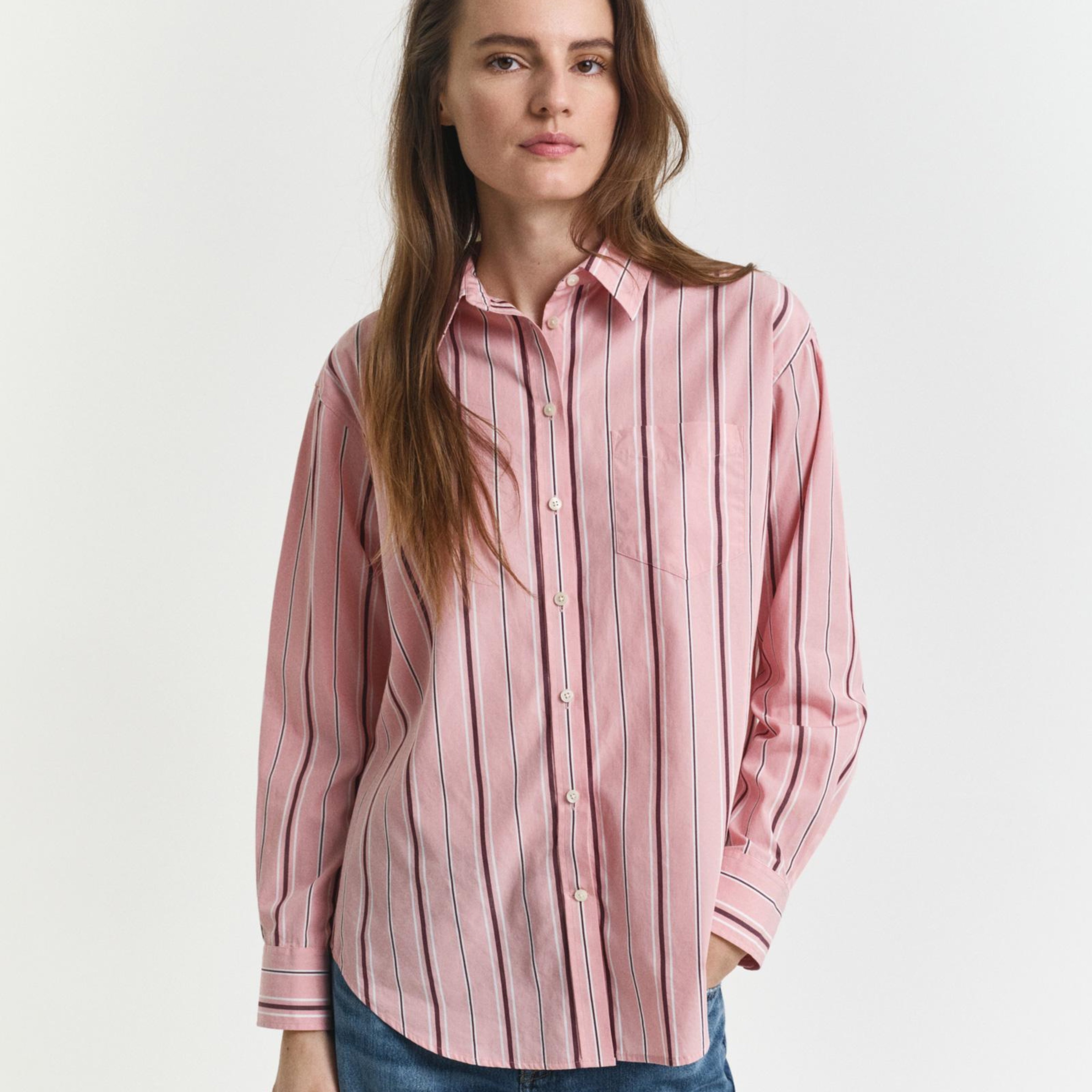GANT Kadın Pembe Relaxed Fit Klasik Yaka Çizgili Gömlek