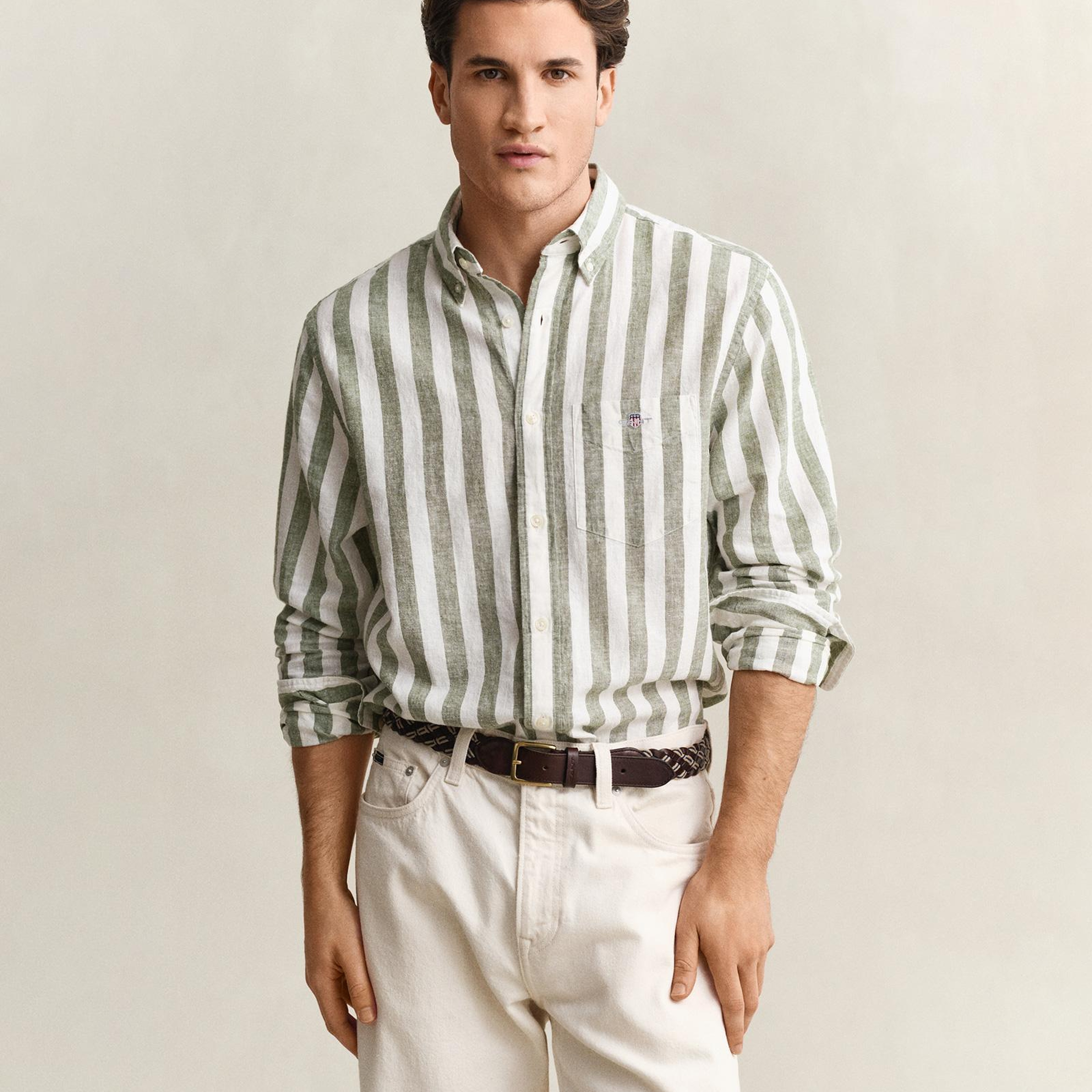 GANT Erkek Yeşil Regular Fit Çizgili Logolu Gömlek