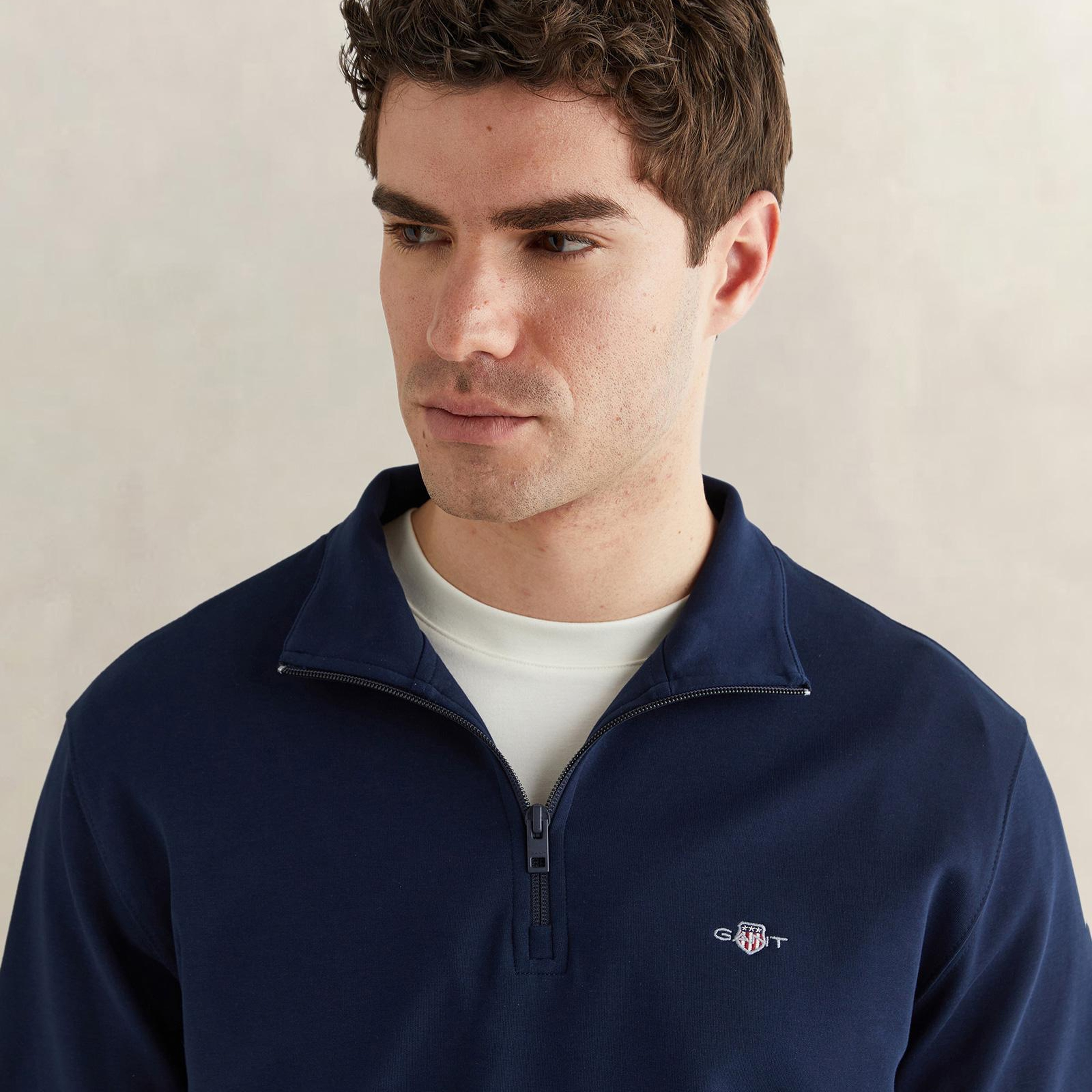 GANT Erkek Lacivert Relaxed Fit Yarım Fermuarlı Logolu Sweatshirt
