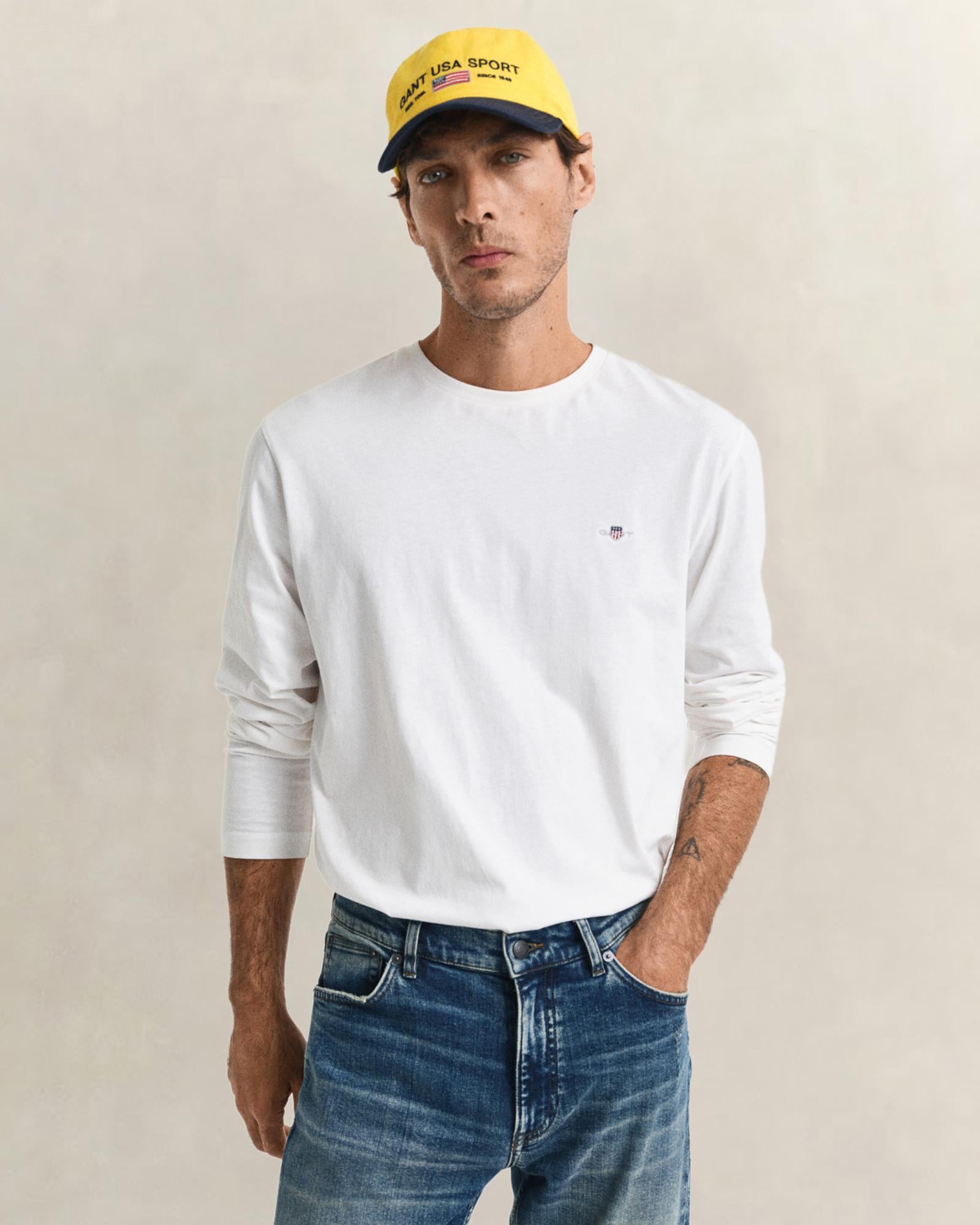 GANT Erkek Beyaz Regular Fit Bisiklet Yaka Uzun Kollu T-Shirt