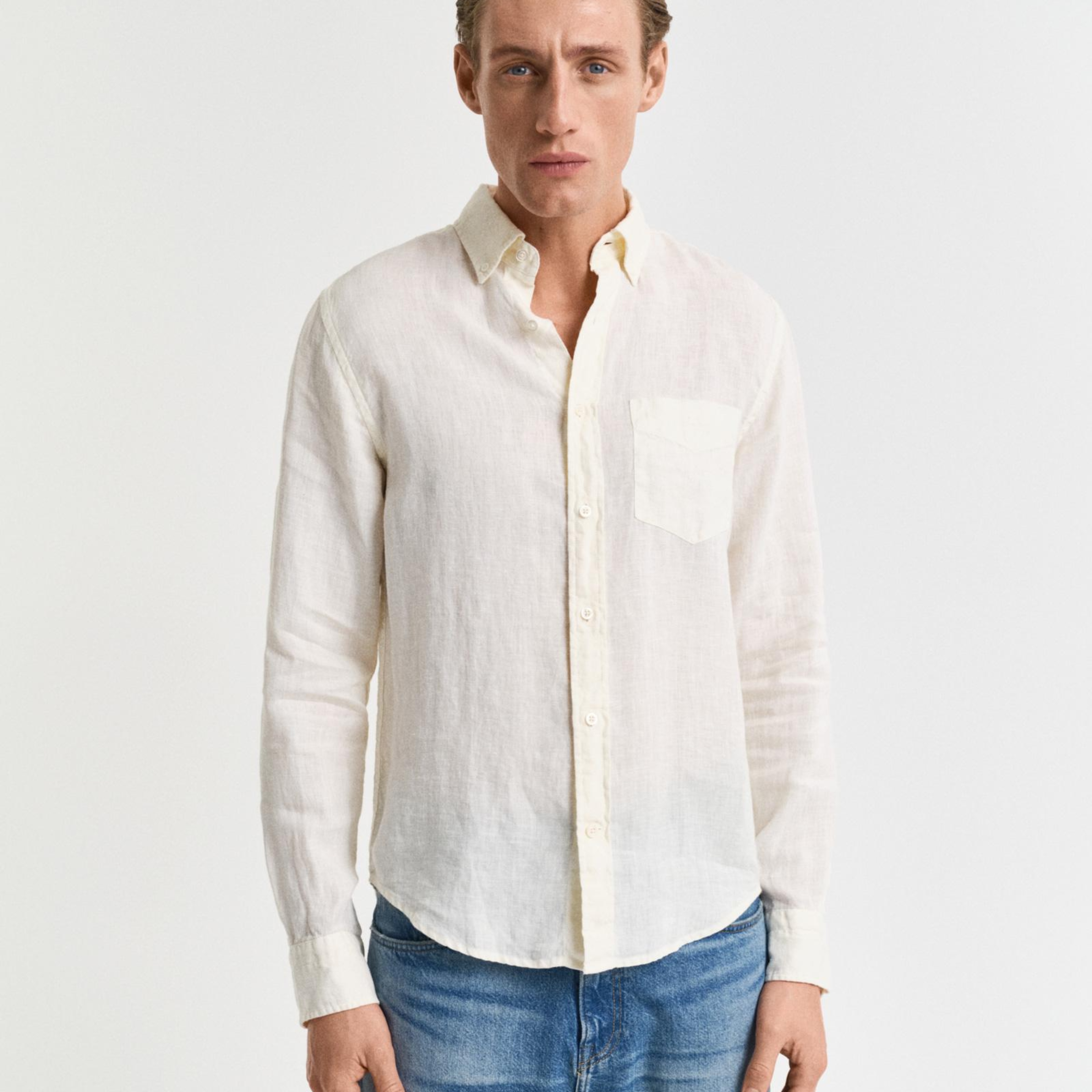 GANT Erkek Krem Regular Fit Düğmeli Yaka Keten Gömlek