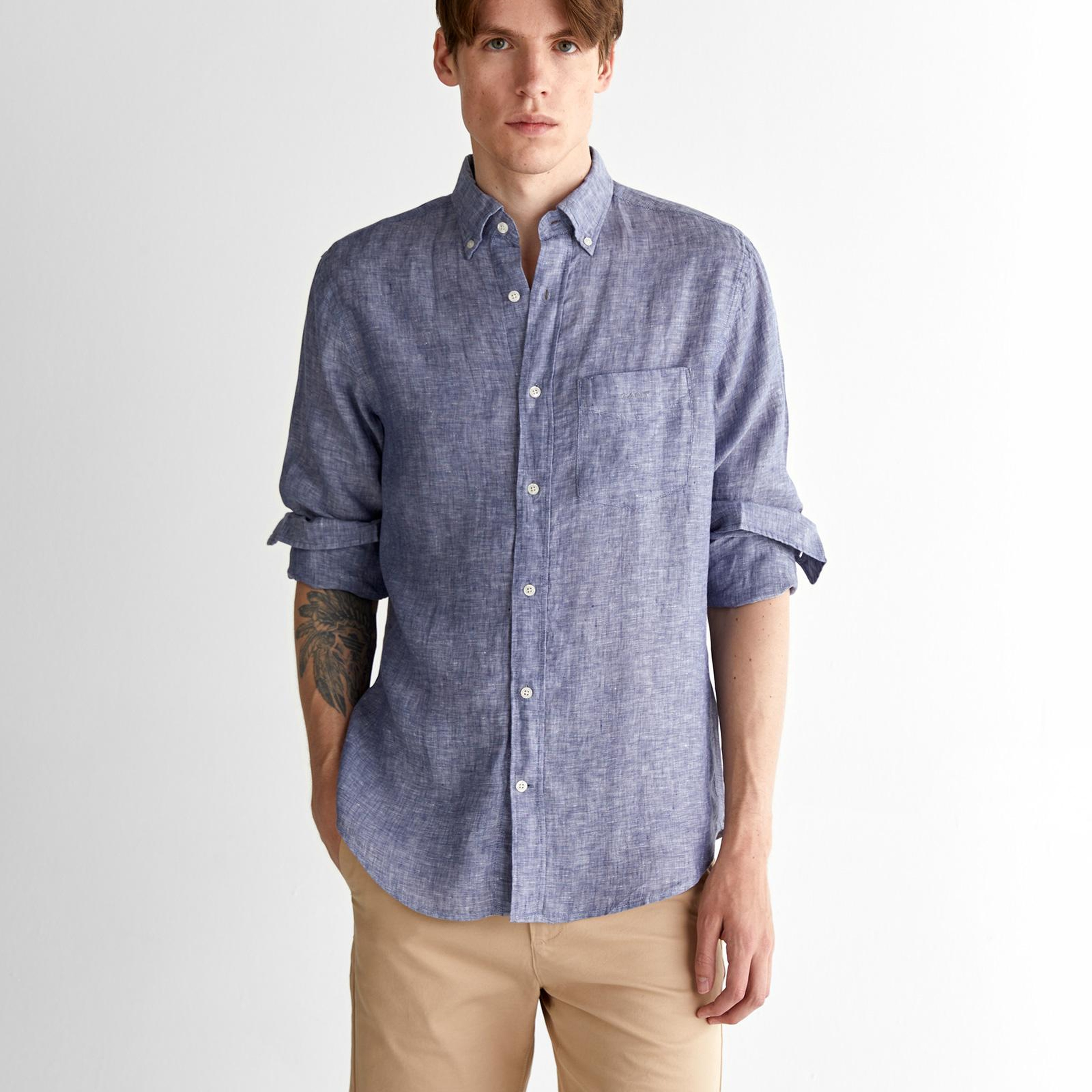 GANT Erkek Mavi Regular Fit Düğmeli Yaka Keten Gömlek