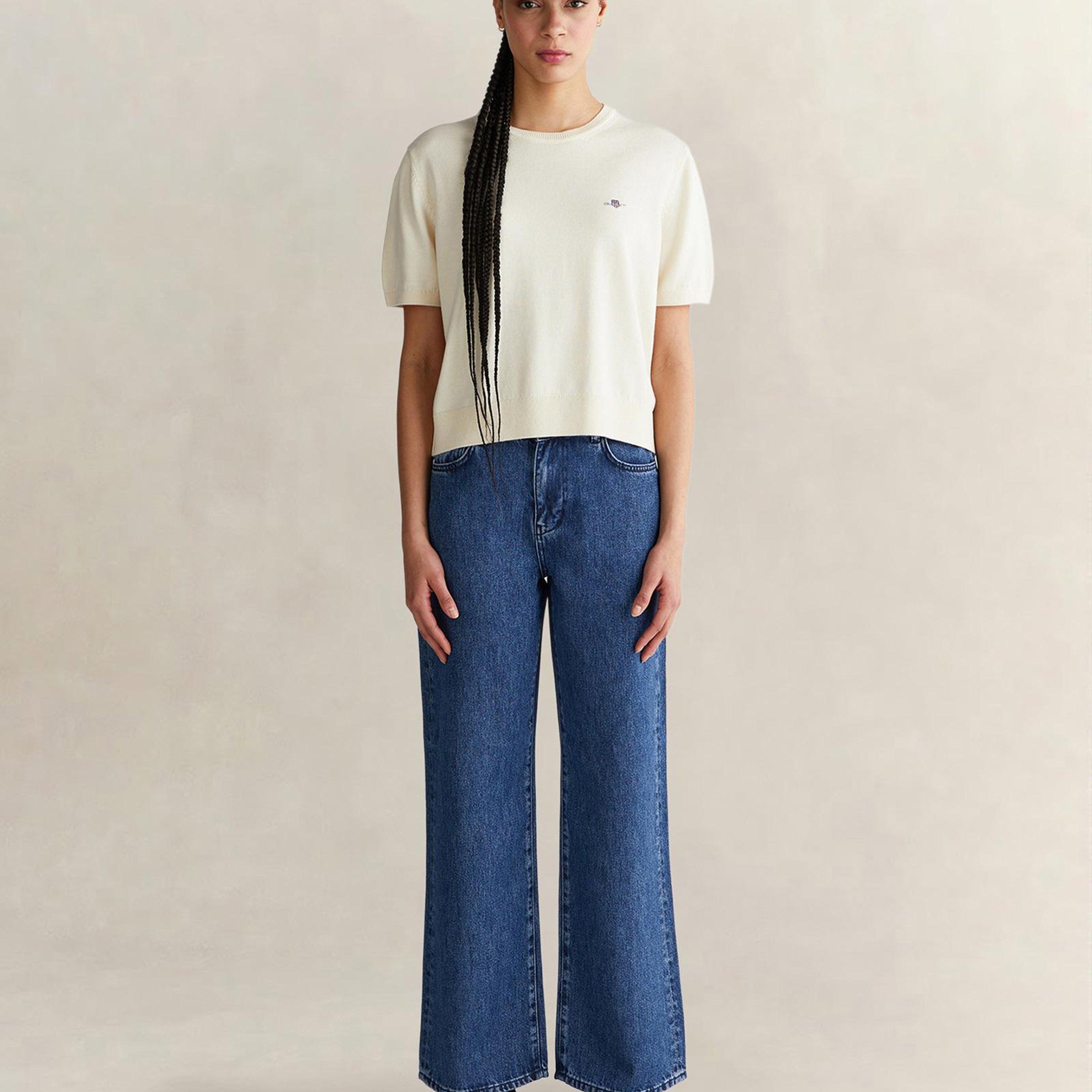 GANT Kadın Beyaz Regular Fit Bisiklet Yaka Kısa Kollu Triko