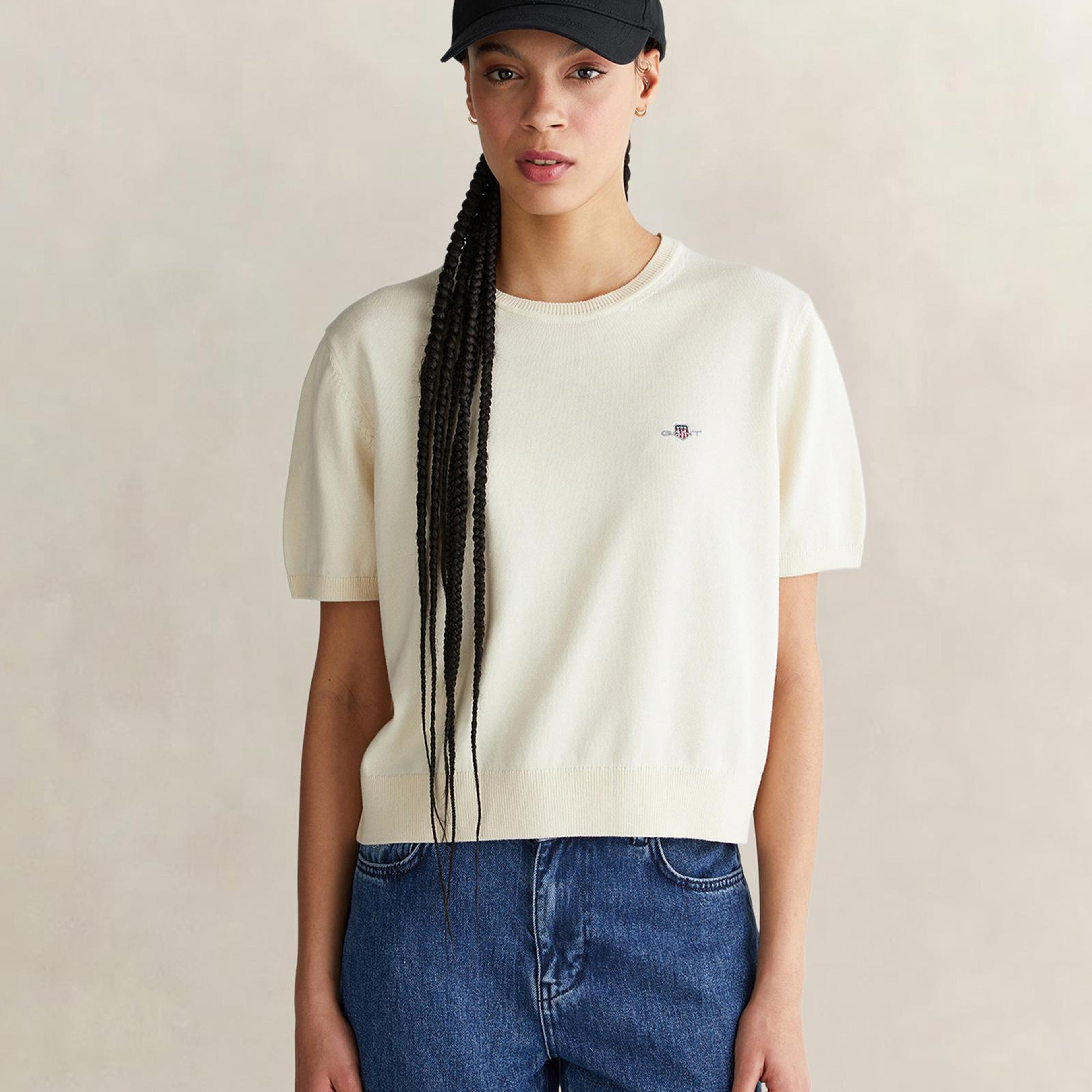 GANT Kadın Beyaz Regular Fit Bisiklet Yaka Kısa Kollu Triko