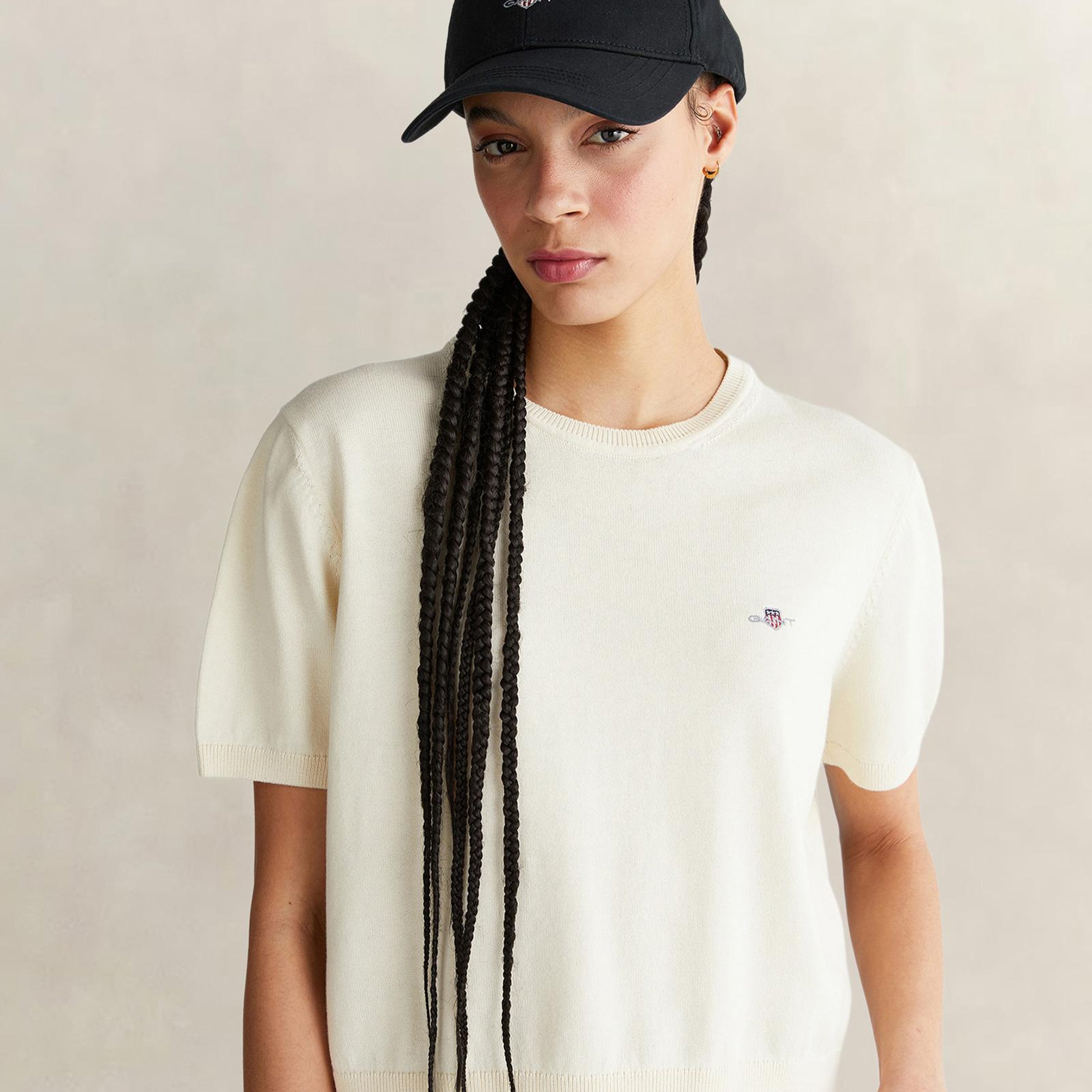 GANT Kadın Beyaz Regular Fit Bisiklet Yaka Kısa Kollu Triko