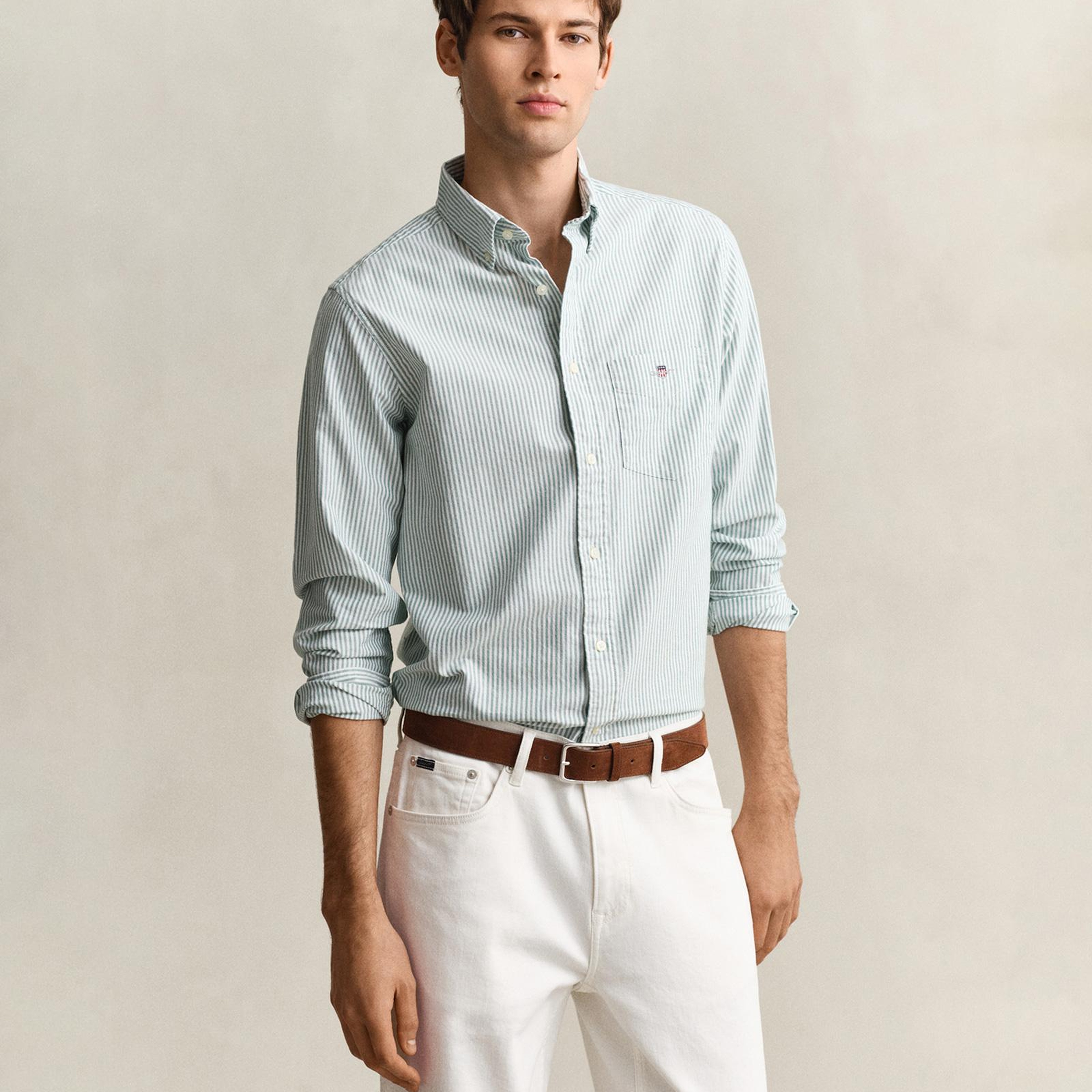 GANT Erkek Yeşil Regular Fit Çizgili Logolu Gömlek