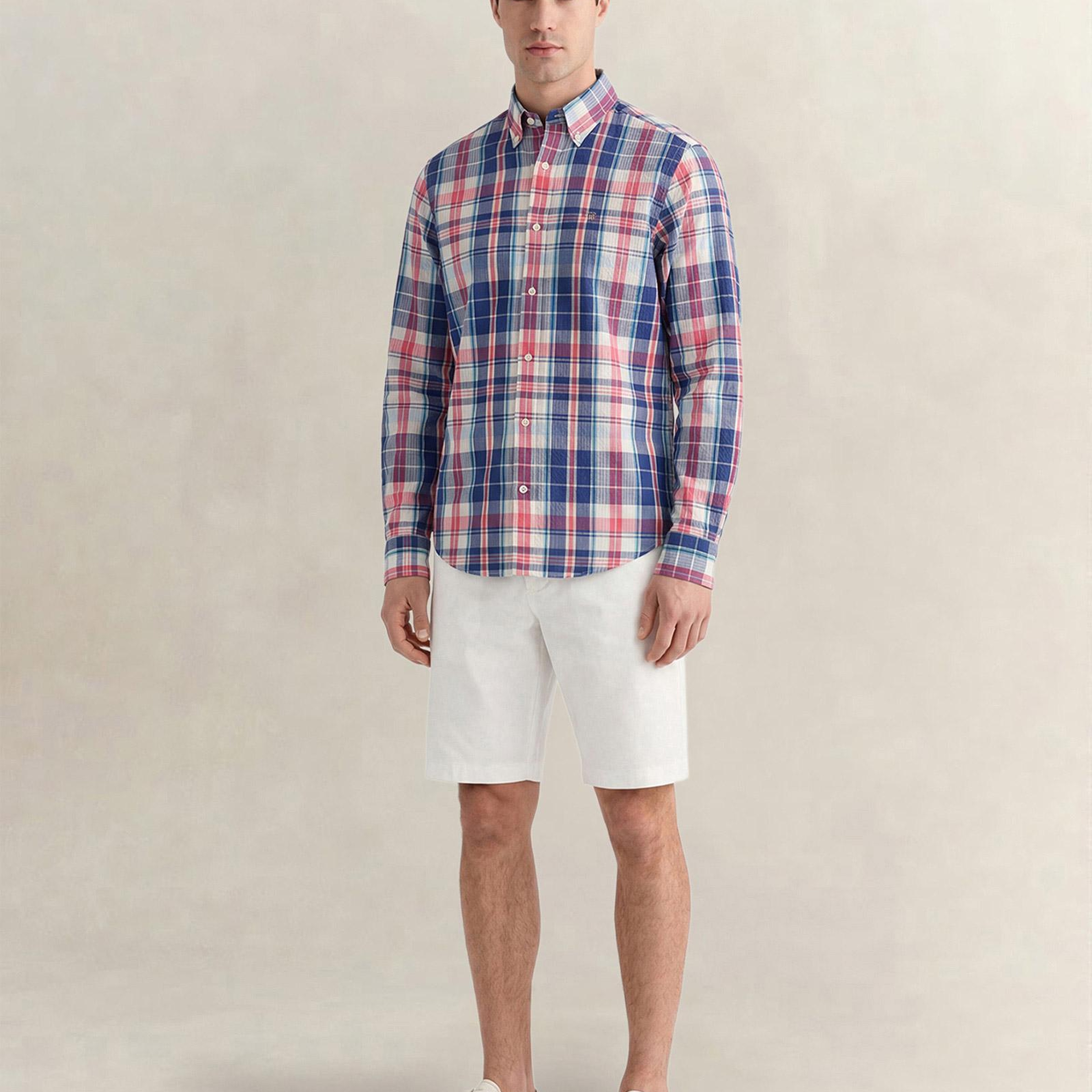 GANT Erkek Mavi Regular Fit Kareli Logolu Gömlek