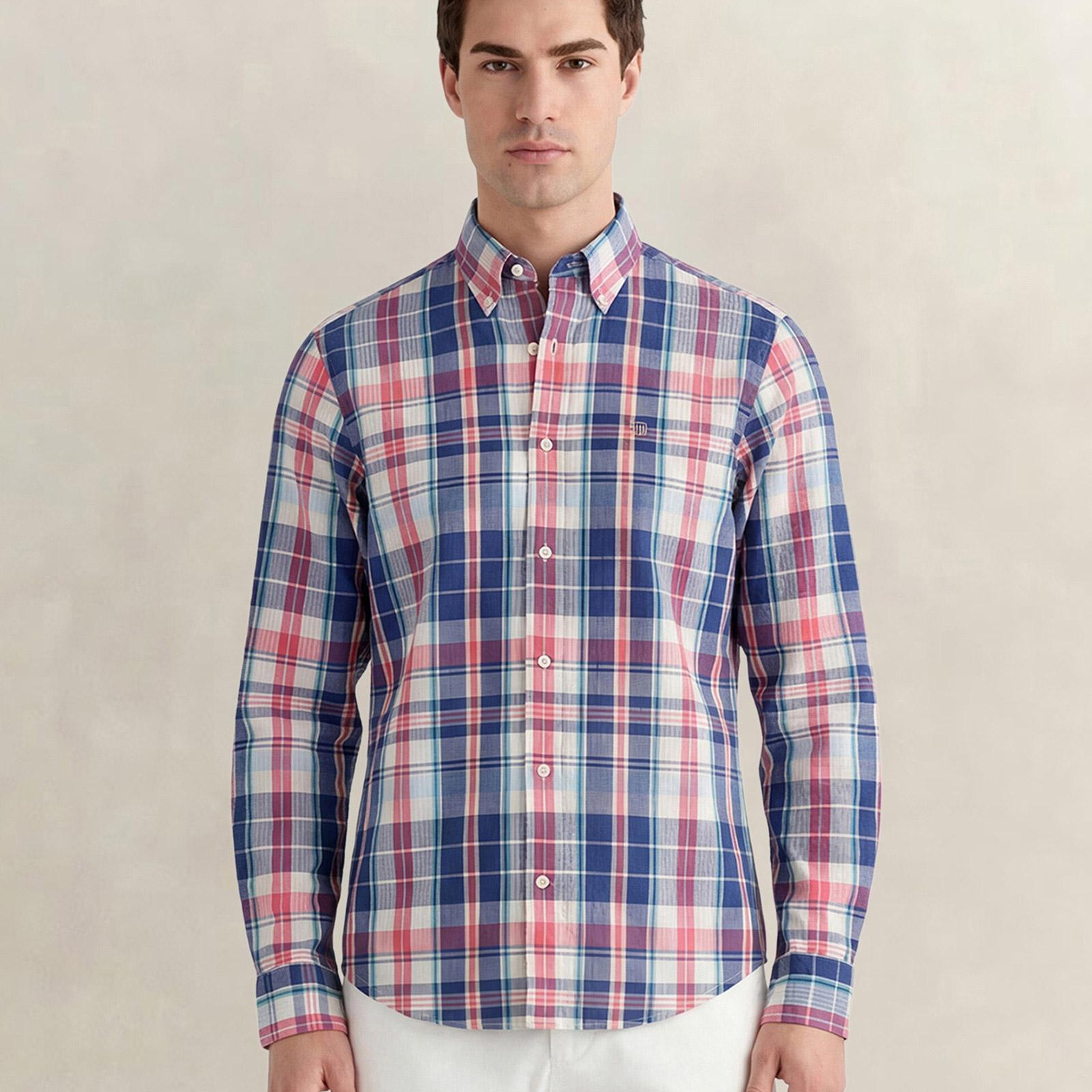 GANT Erkek Mavi Regular Fit Kareli Logolu Gömlek