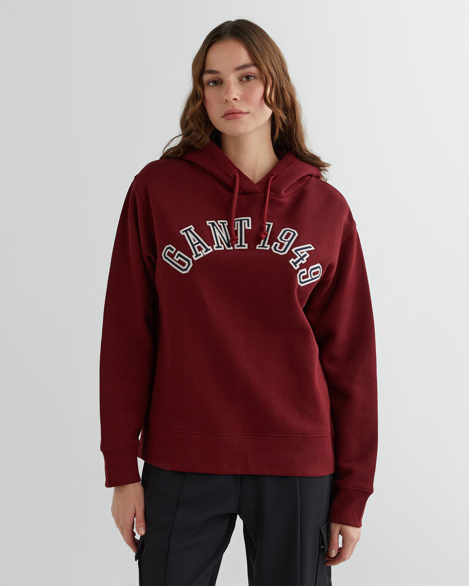 GANT Kadın Bordo Relaxed Fit Kapüşonlu Logolu Sweatshirt