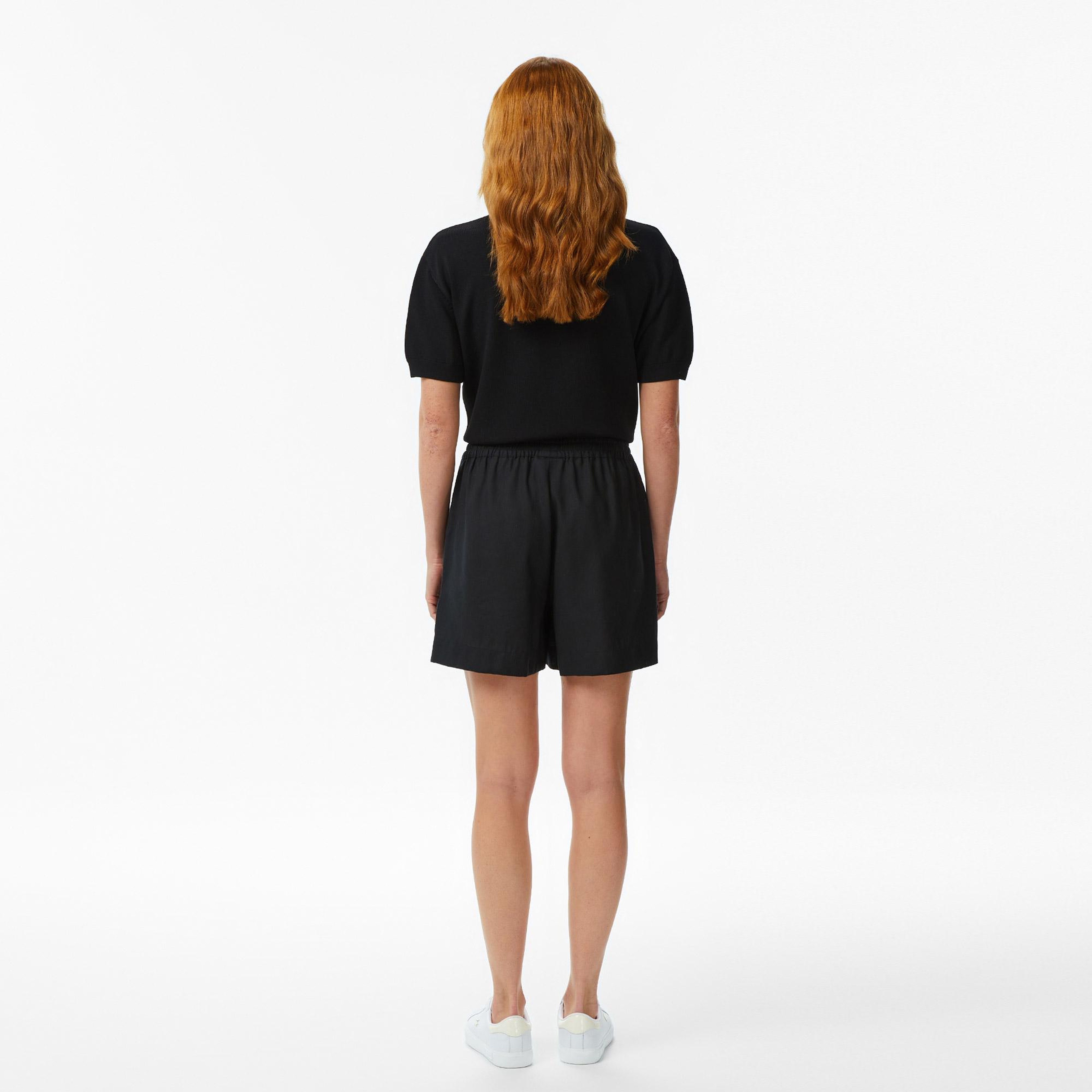 Kadın Relaxed Fit Keten Siyah Bermuda Şort