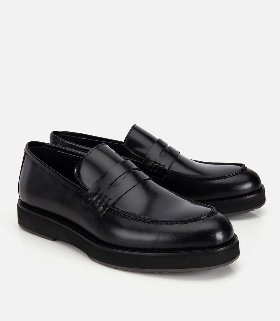 Erkek Açma Deri Siyah Kalın Tabanlı Klasik Loafer