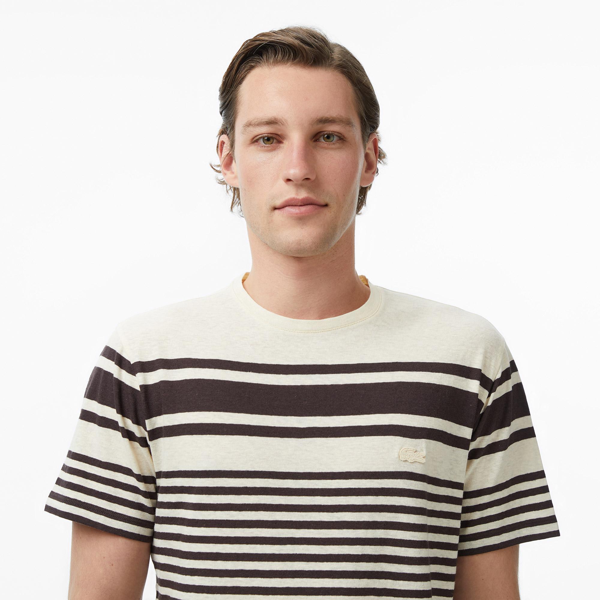 Lacoste Erkek Regular Fit Bisiklet Yaka Çizgili Kahverengi T-Shirt