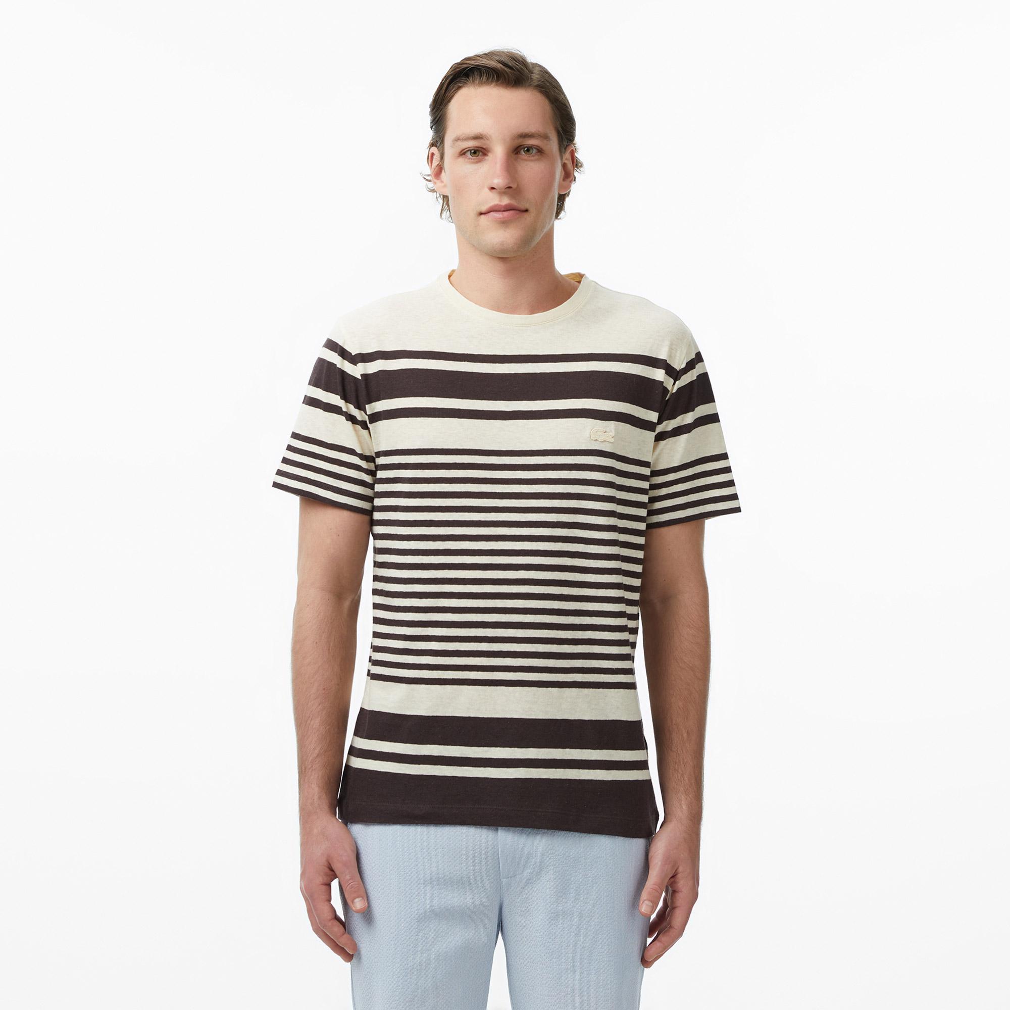 Lacoste Erkek Regular Fit Bisiklet Yaka Çizgili Kahverengi T-Shirt