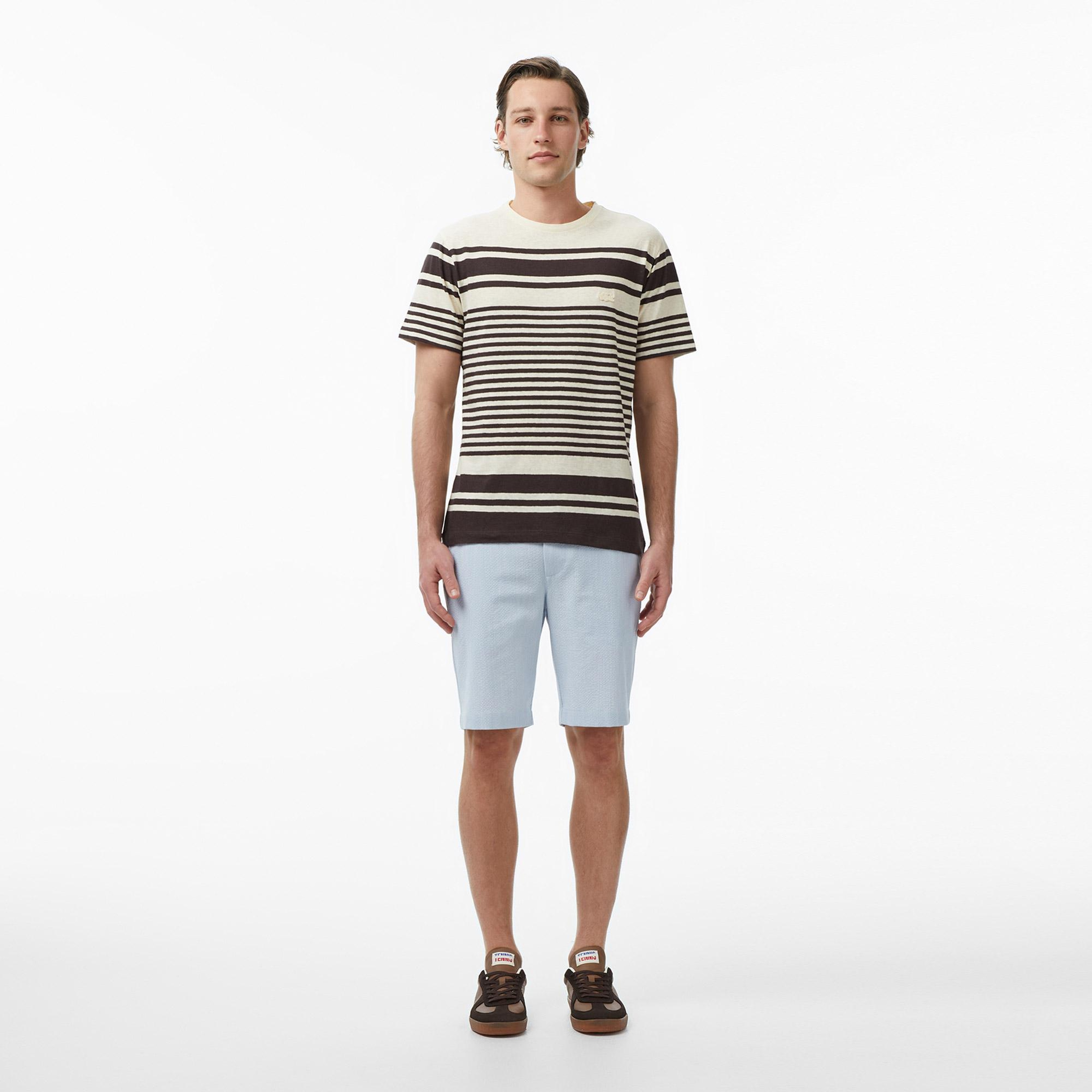 Erkek Regular Fit Bisiklet Yaka Çizgili Kahverengi T-Shirt
