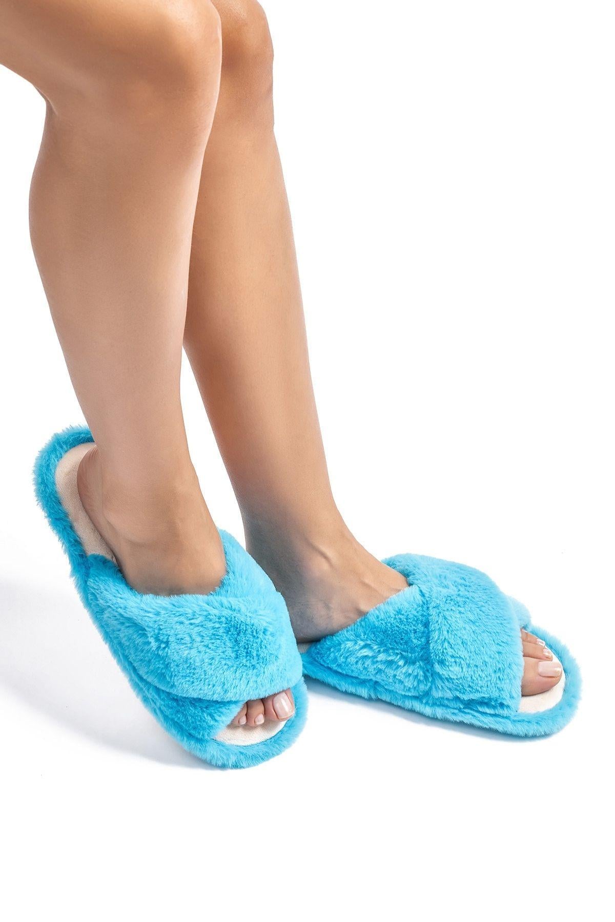 Çapraz Peluş Kadın Ev Terliği Mavi 36/41