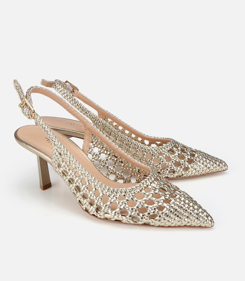 Kadın Gold Örgü Detaylı Arkası Açık Kısa Topuklu Stiletto